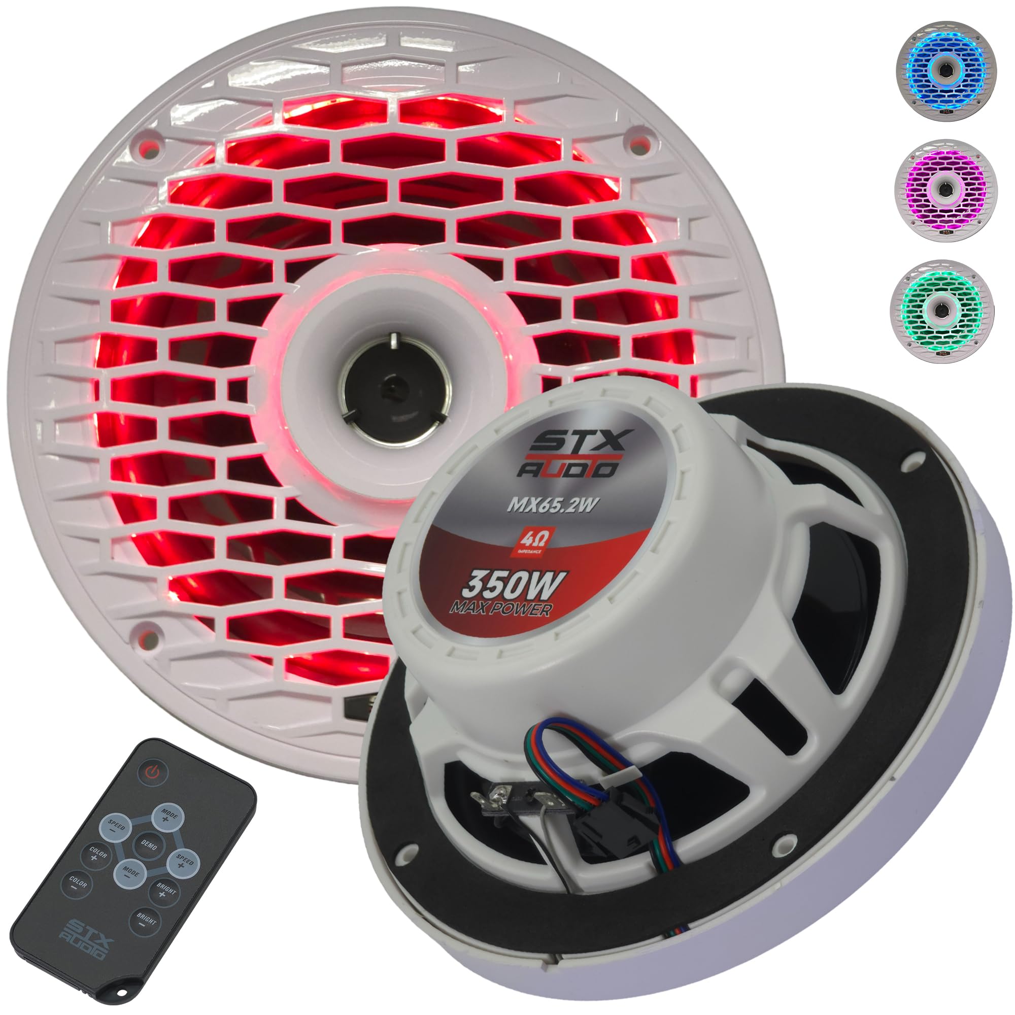STX Audio MX65.2W 6.5-Inch 2-Way RGB LED Marine Coaxial Speakers, 350W Max, 4 Ohms, Water-Resistant with Remote Control for RGB Illumination (2
