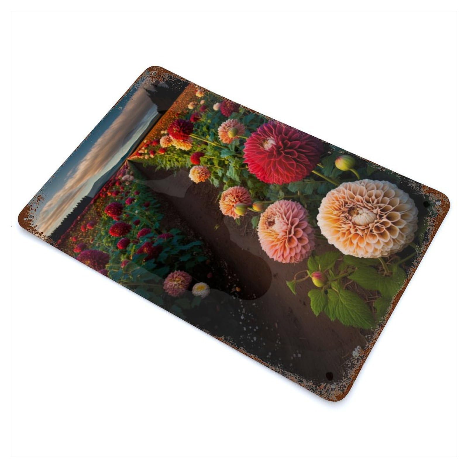 Weathered Tin Sign with Field of Dahlias Design 11.8"x7.9", for Basement, Hobby Room And Garage Decor, Industrial Home Decor