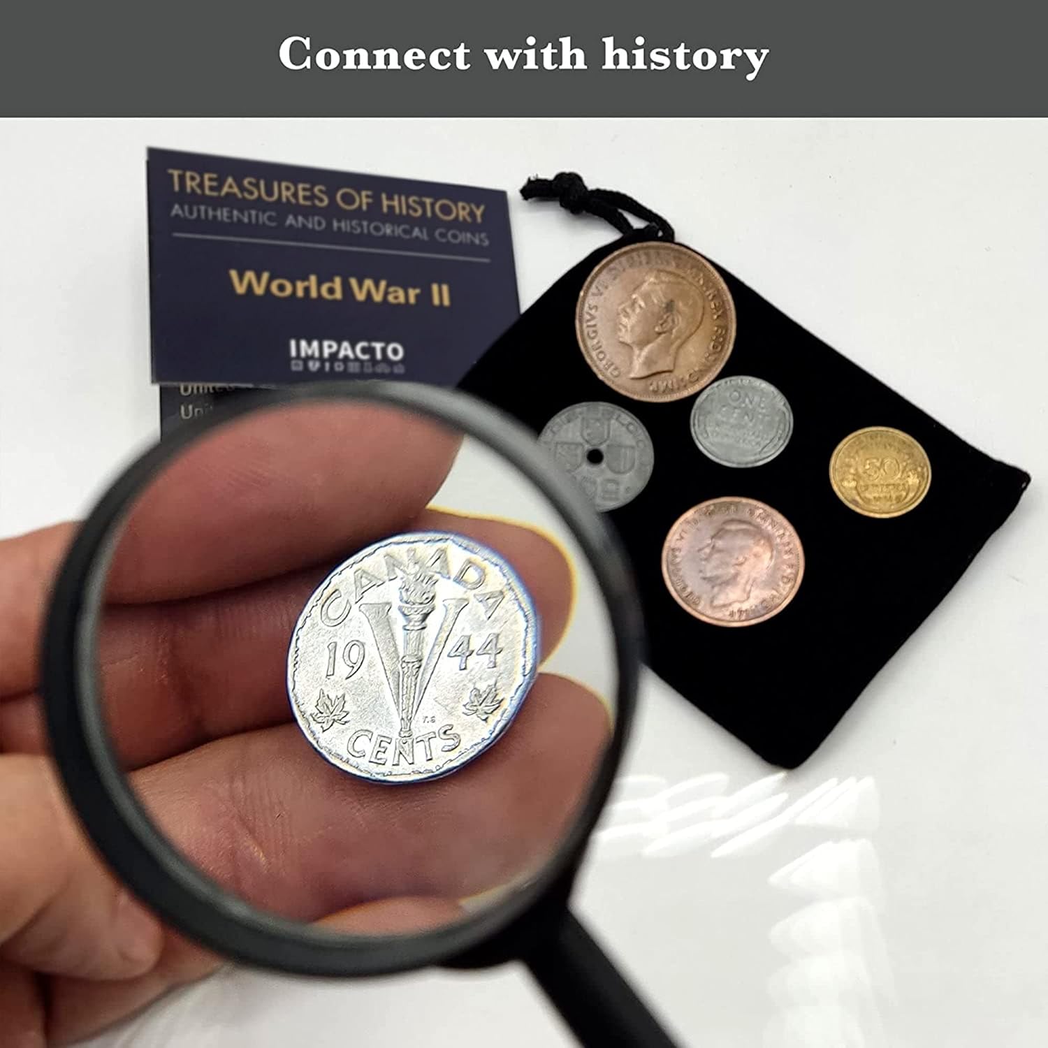 WW2 World Currency - 6 Coins Used During The World War 2, D-Day Collection (1944) in Velvet Bag. Special WW2 Memorabilia for Collector, Certificate of Authenticity Included