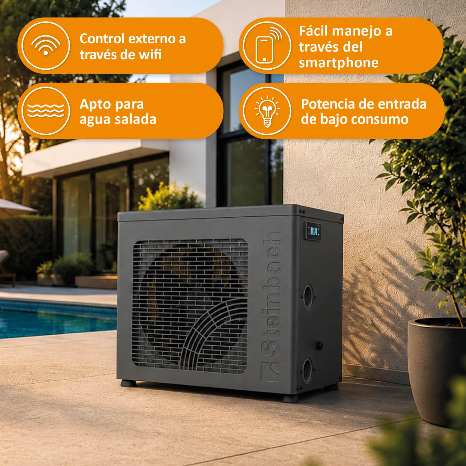 Steinbach Startis Style 049400Z - Bomba de Calor para Piscina de hasta 20.000 L 4,3 kW con Control por aplicación WiFi, Segura para Agua Salada, refrigerante R290 eficiente