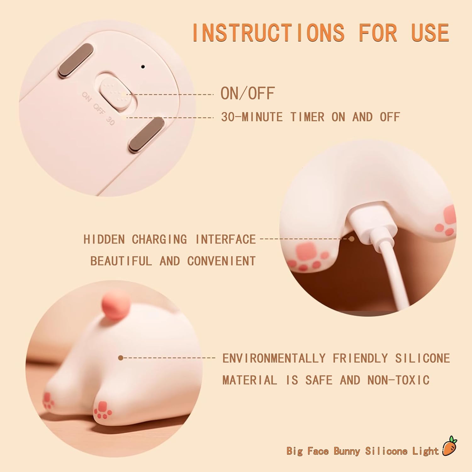 Squishy Bunny Night Light for Kids, Cute Big Face Rabbit Silicone Lamp with Timer Dimmable 3 Brightness, Easter Nursery Nightlight Portable Bedside Touch Lamp for Nightstand Bedroom Living Room Home