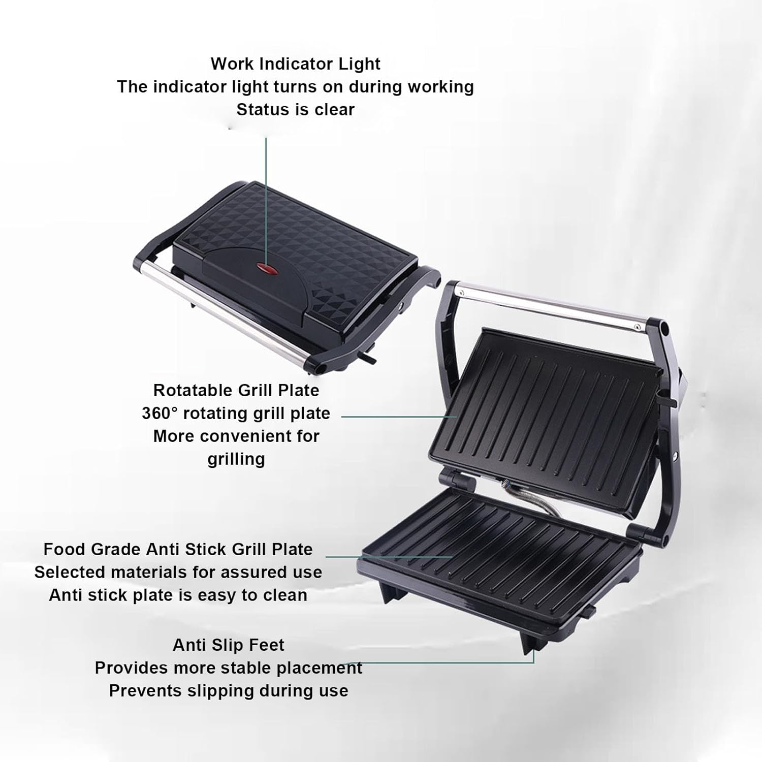 Panini Press Grill, 800W Dual Side Heating 180 Full Open Shorter Durations Sandwich Maker with Anti Stick Ceramic Plates & Overheat Protection Sandwich Press for Breakfast (US Plug 110V)