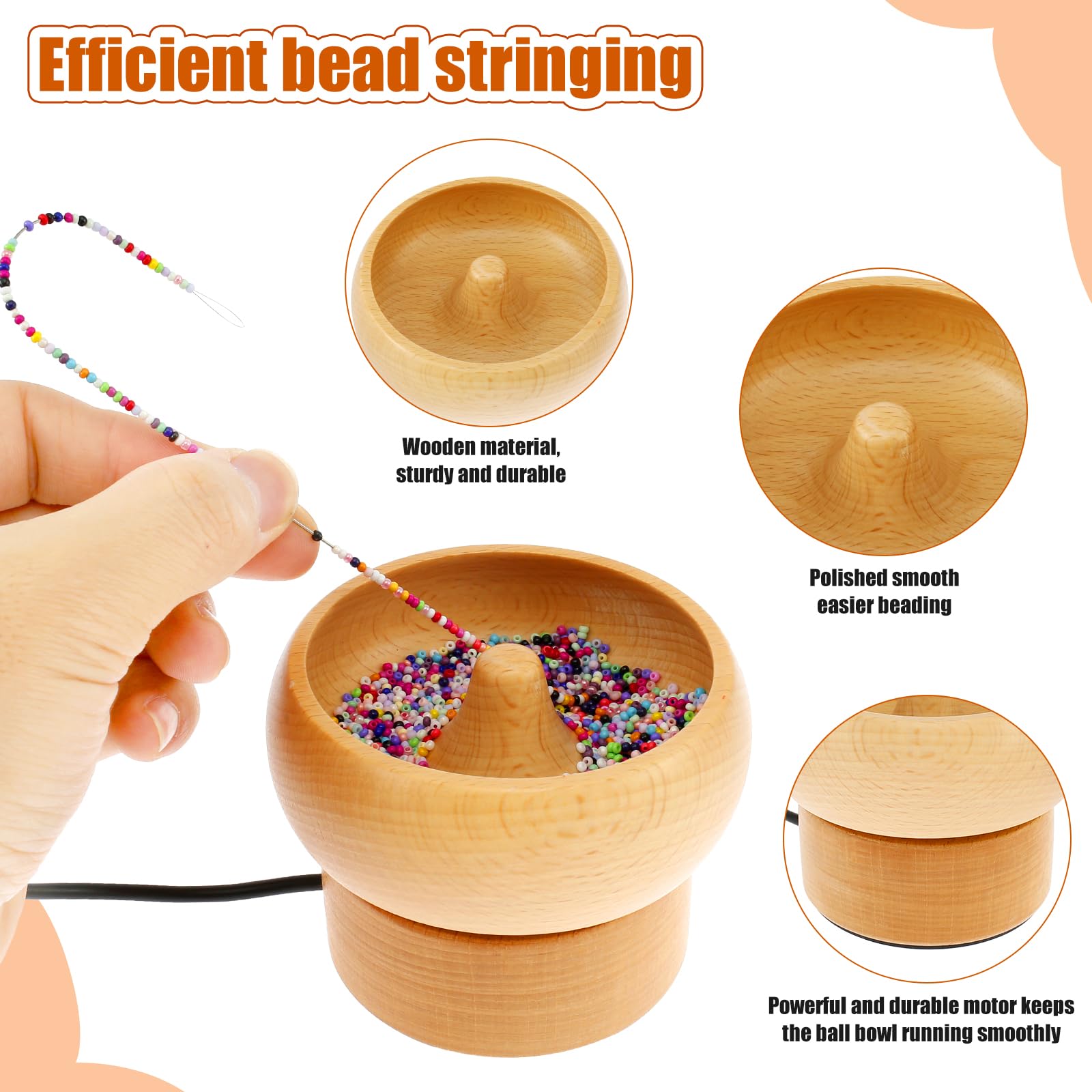 Spinner eléctrico de cuentas de madera alimentado por USB, kit de cuenco giratorio de velocidad y dirección ajustable con 2 agujas de cuentas, 2000 cuentas para pulseras, fabricación de joyas