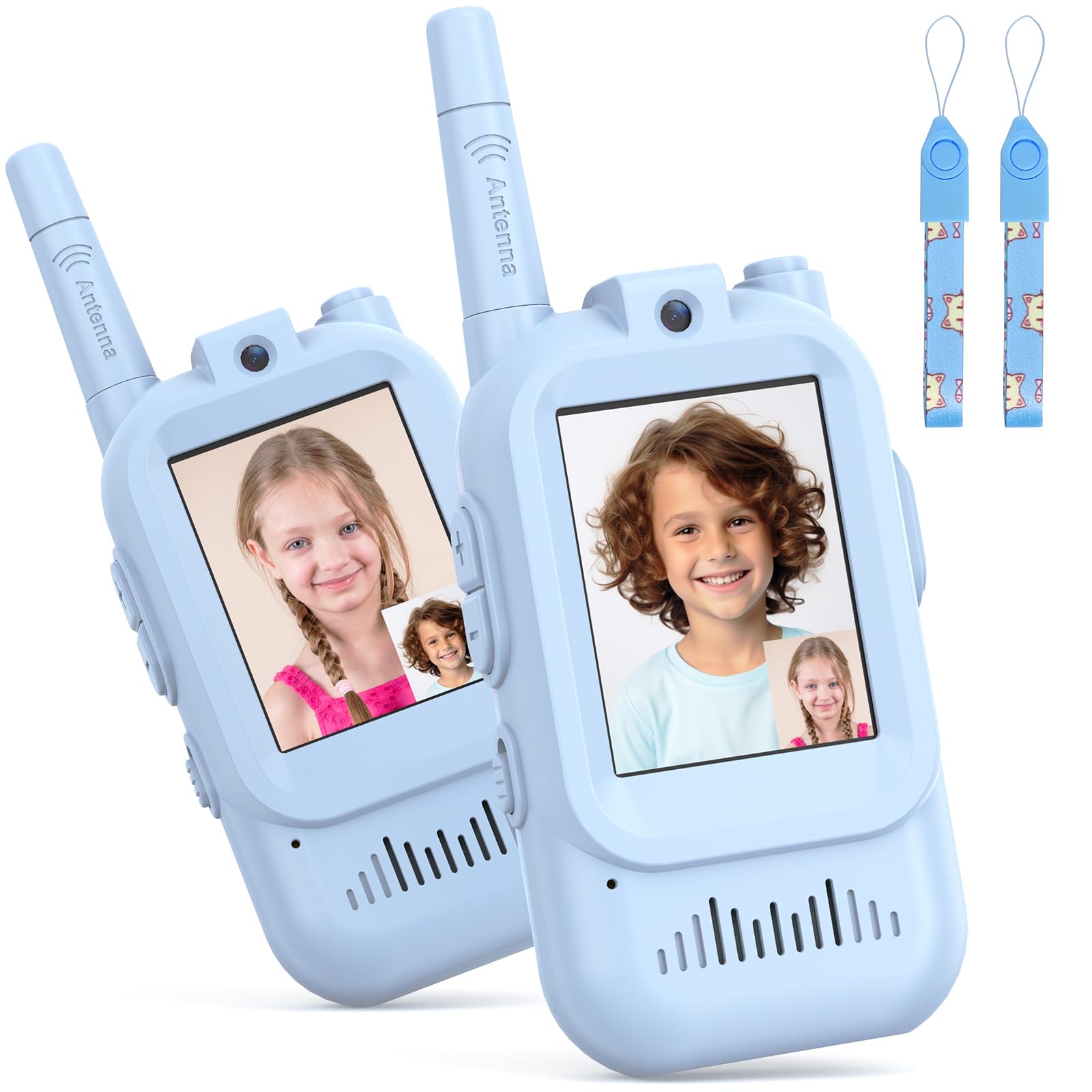 Video Walkie Talkie Kinder, 2er Set Walky Talky Aufladbar mit Display, 2-Way Radio Funkgeräte Große Reichweite, Weihnachten Geburtstag Geschenke Spielzeug für Jungen und Mädchen von 3-12 Jahren-Blau