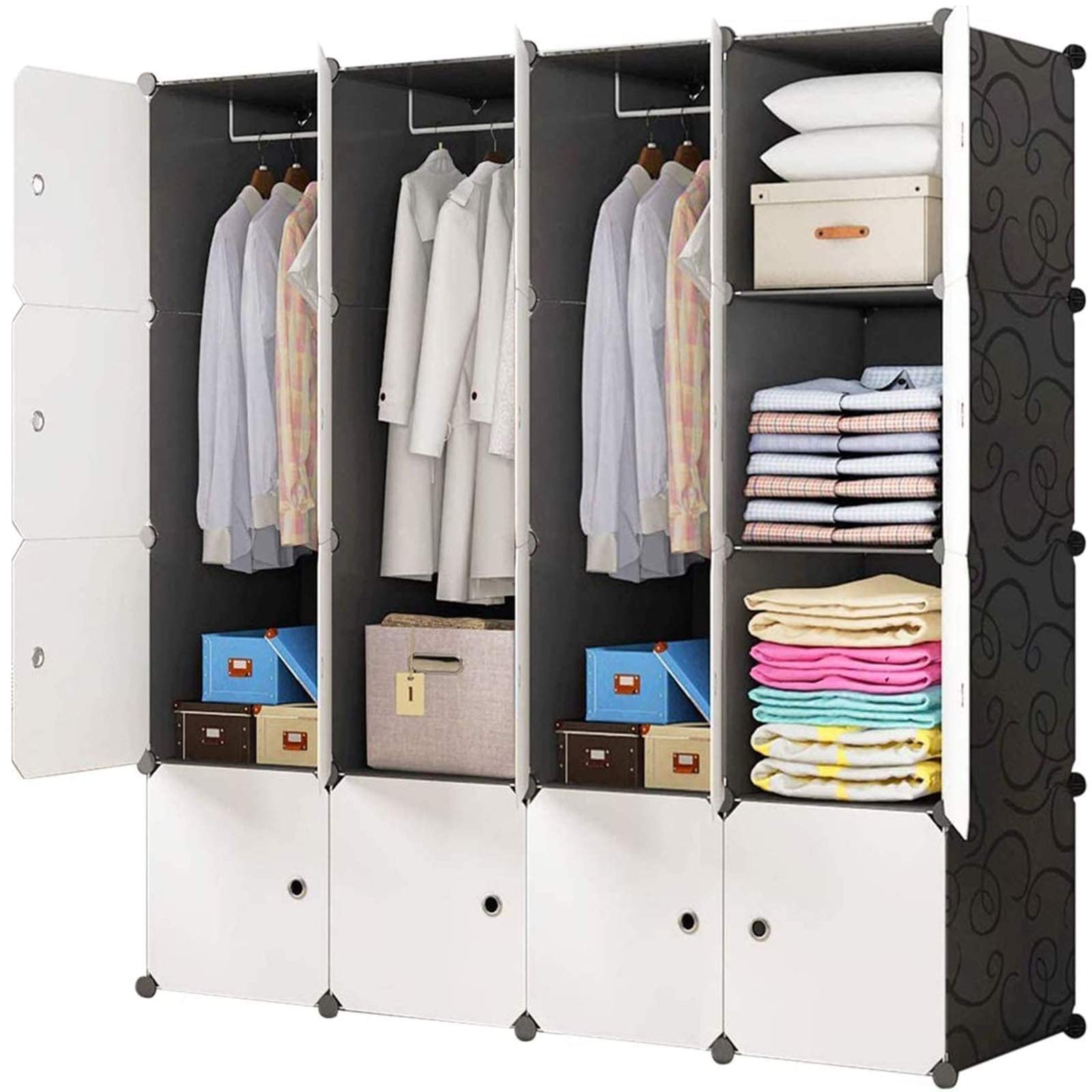 BRIAN & DANY Portable Closet Wardrobe - Cube Storage Organizer, Plastic Clothing Cabinet, Bedroom Armoires for Toys, Shoes, Clothes - More 30% Capacity Than Normal - 16 Cubes, Black