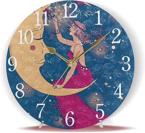 Miniatura 6 de senya Reloj de pared hermoso póster en estilo Art Nouveau con fiesta mujer y luna cielo estrellado silencioso sin tictac operado redondo fácil de