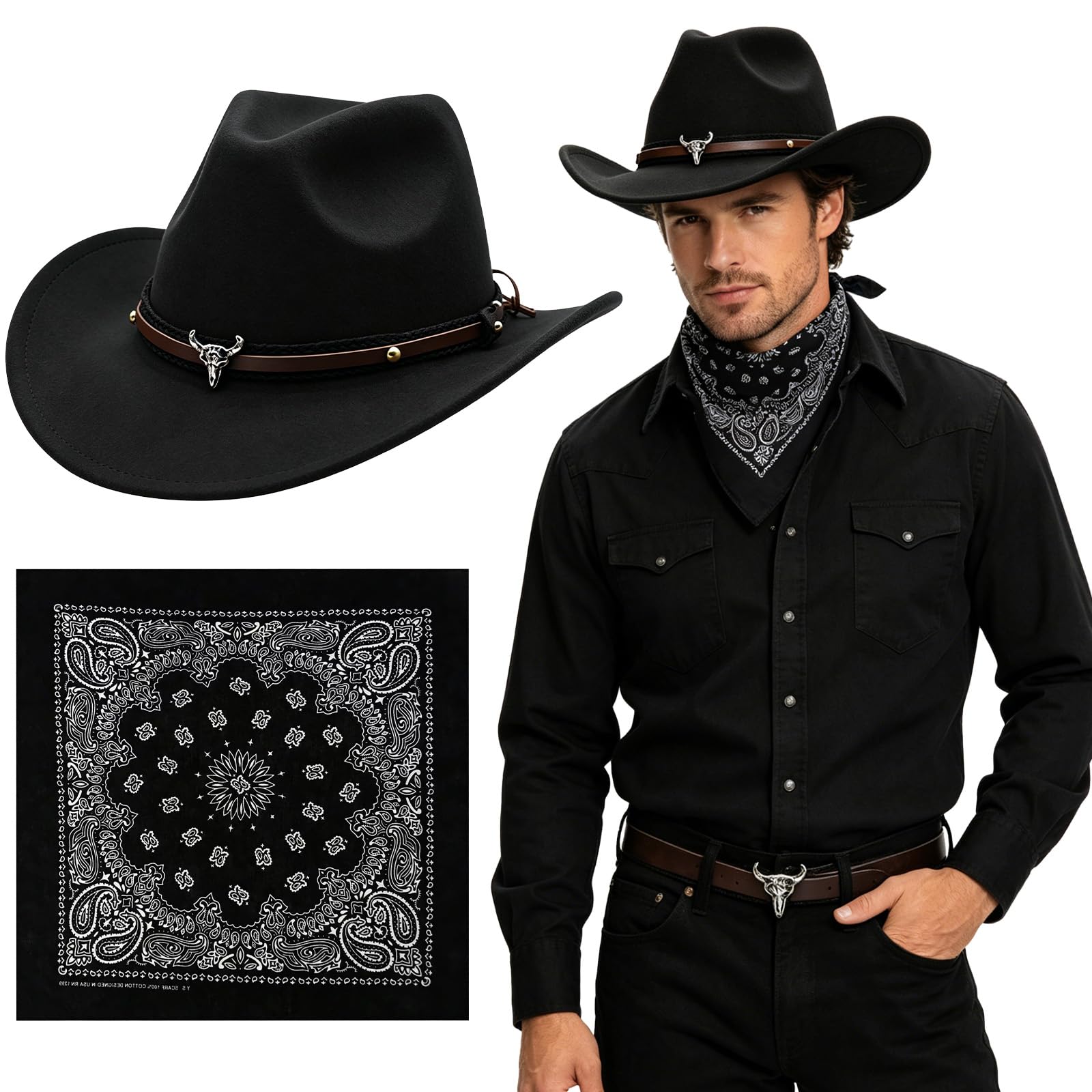 Kitimi 2Pcs Cowboy Hat Accessories Men Women Cowgirl Costume with Hat Bandana, Black Western Fancy Dress Fit for Country Music Rodeo Halloween Carnival