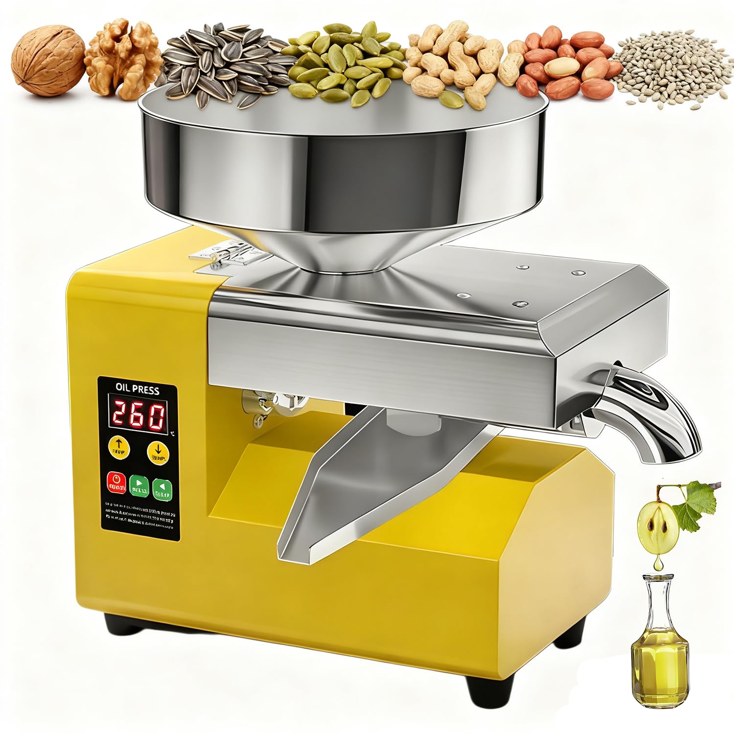R8S Frantoio a Olio Elettrico Automatico 1500W in Acciaio Inox | Spremi Olive per Olio a Freddo e a Caldo | Macchina per Olio da Semi e Noci | Torchio per Casa e Uso Professionale