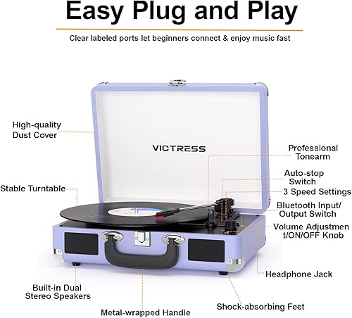 Miniatura 7 de Tocadiscos de maleta portátil Bluetooth con altavoces estéreo, tocadiscos de 3 velocidades, grabación USB a digital, conector RCAAUXpara