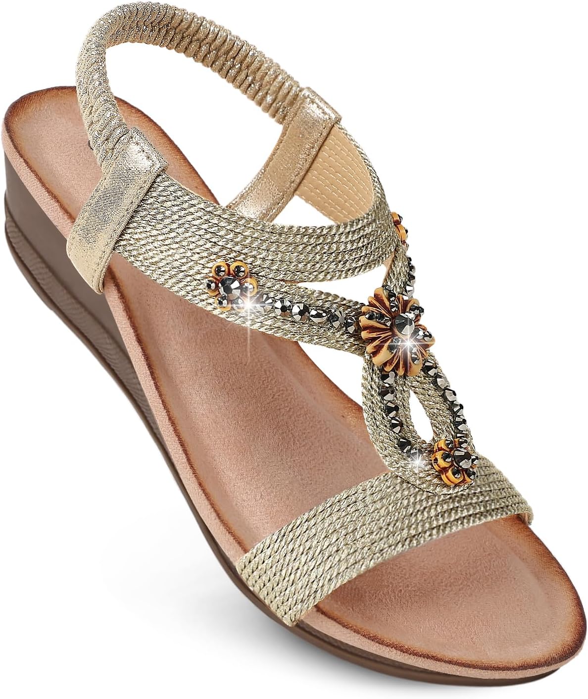 Wedge Sandals for Women Dressy, Woman's Sandal Comfortable Low Wedges Heels Ankle Elastic Strap Sandles with Flower Rhinestones