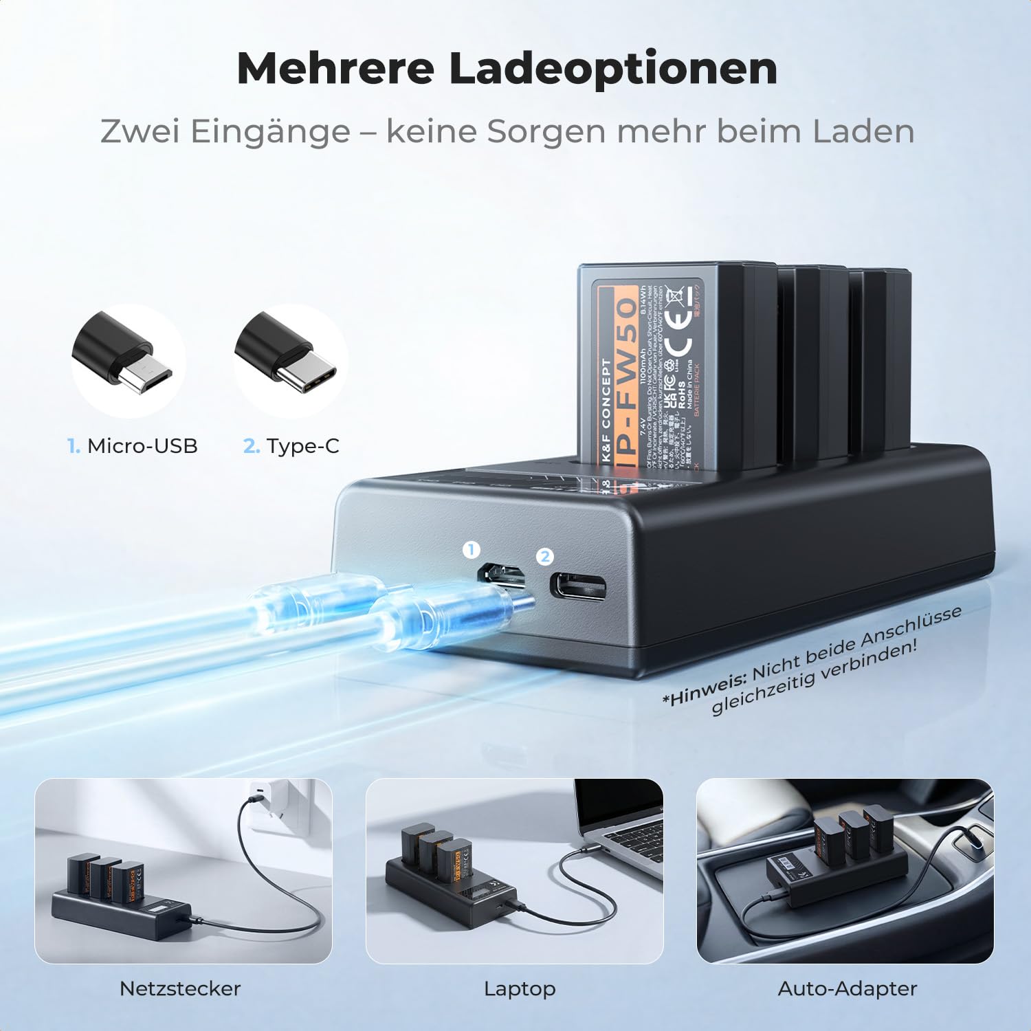 K&F CONCEPT NP-FW50 1100mAh Akku (3er-Pack) und DREI-Slot LCD Ladegerät Kit für Sony ZV-E10, Alpha A6000, A6300, A6400, A6500, A5000, A5100, a7, a7II, a7R, a7RII, a7S, a7SII