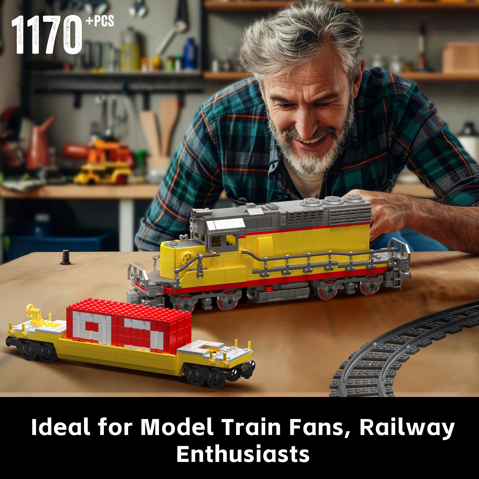 Mould King 12027 Kit di locomotiva diesel con semirimorchio e gru modello di tecnologia telecomandata, da collezione per adulti e appassionati di ferrovia (1257 pezzi)