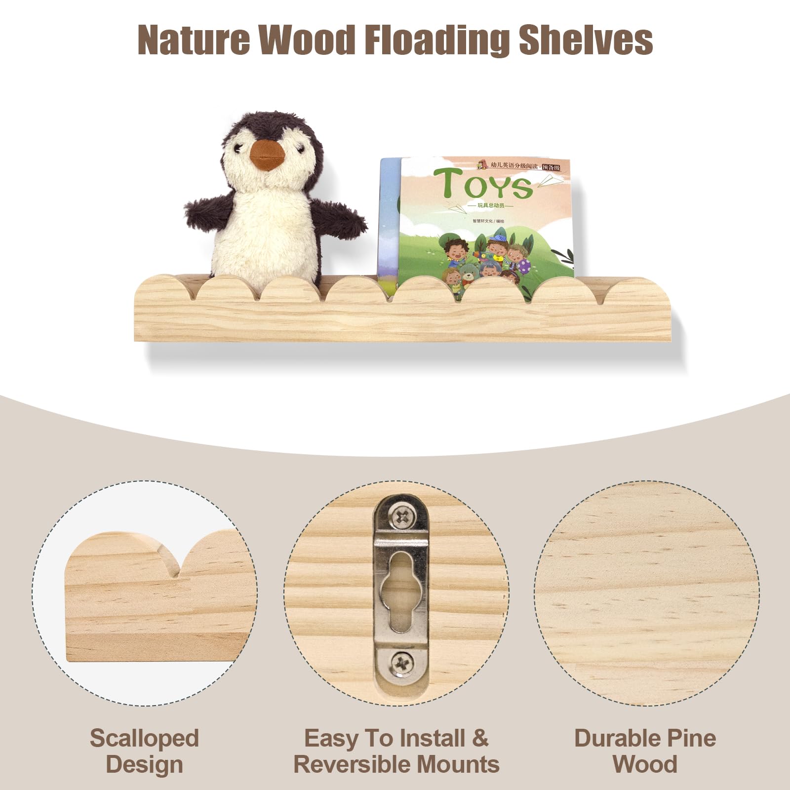 Estantes festoneados para guardería, estantes de pared para libros de pared para dormitorio, niños, estantería de guardería para pared, juego de 4, estantes flotantes para libros de