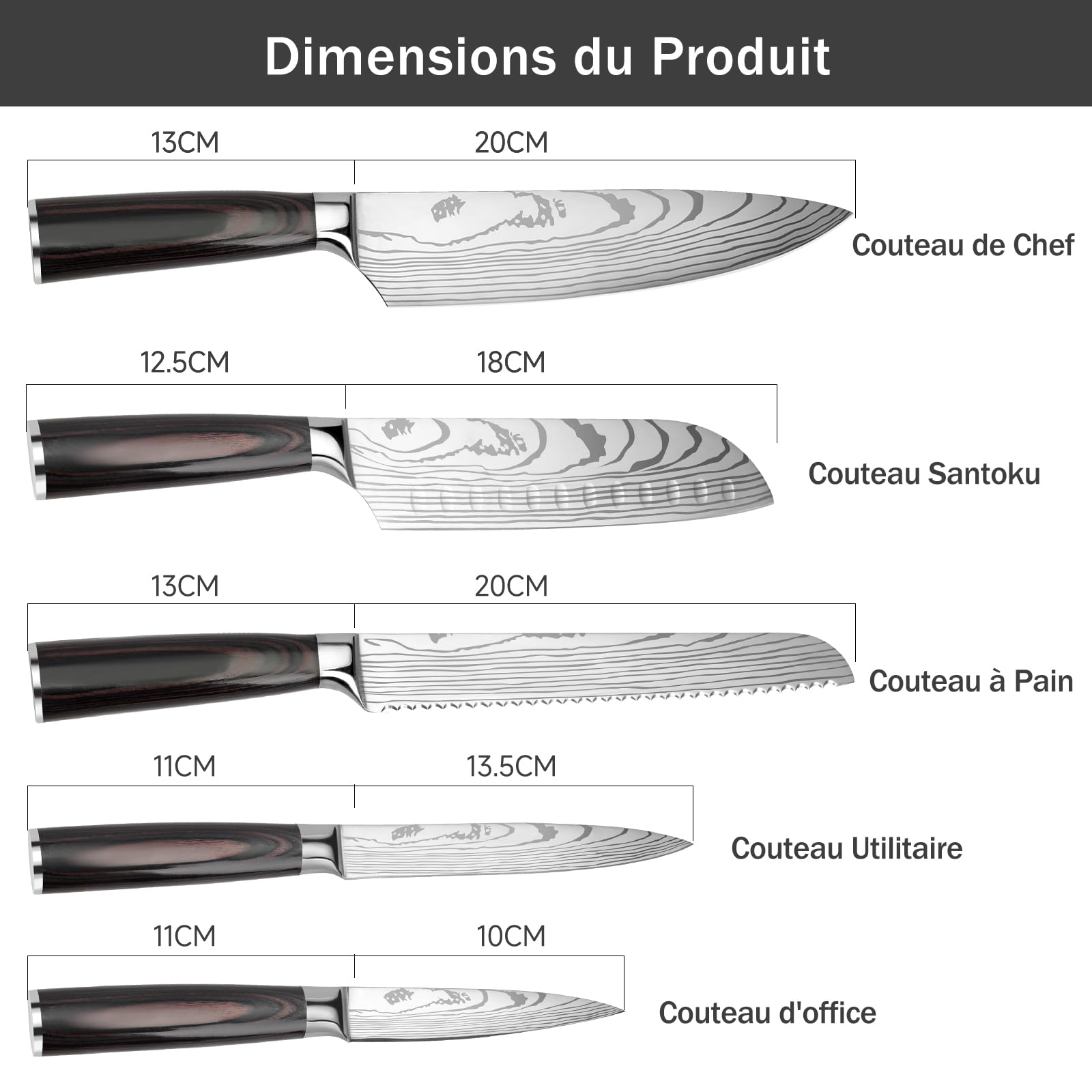 Couteau Cuisine Couteau Japonais Acier Inoxydable à haute teneur en carbone avec Poignée Ergonomique, Couteaux de Cuisine Professionnel (5PCS)