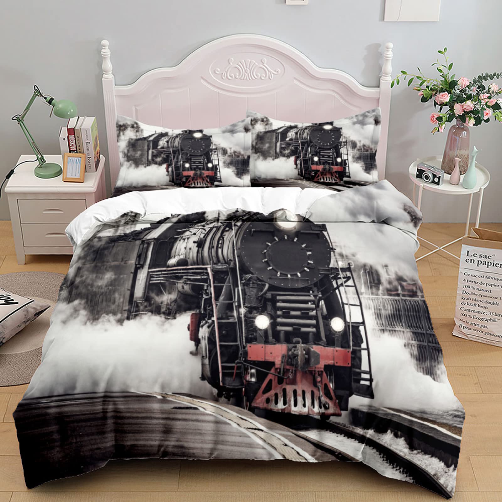 Housse de couette 220x240 train noir avec 2 taies d'oreiller 65x65 pour literie adulte