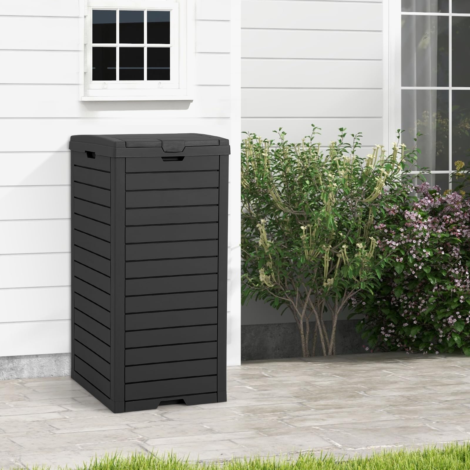 GOPLUS Mülltonnenbox 118 L, Mülleimer mit Klappdeckel & ausziehbarer Abtropfschale, tragbarer Mülltonnecontainer für Terrasse & Hinterhof (Schwarz-1 Pack)