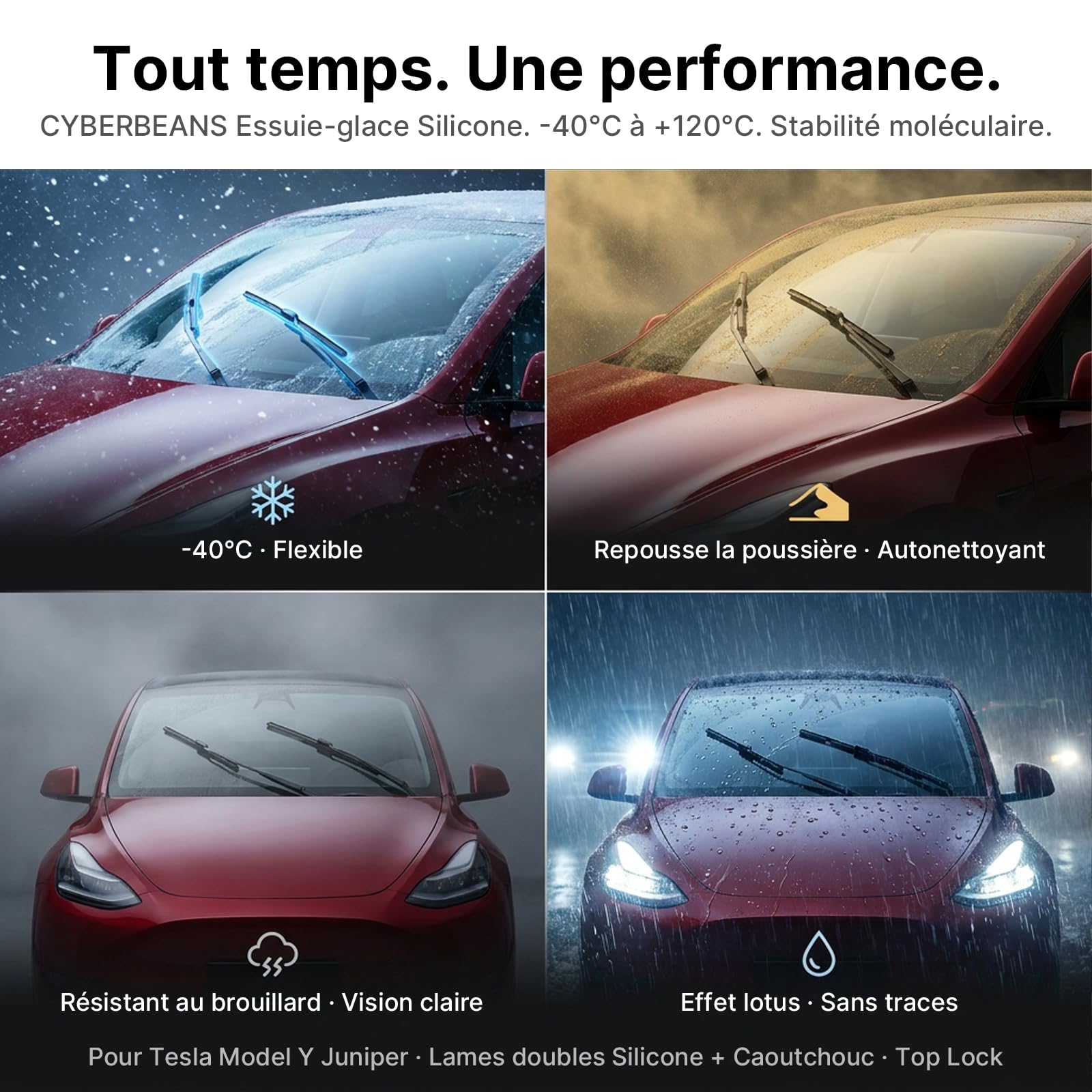 Balais d'Essuie-Glace en Silicone 26/20" 650mm/500mm pour Tesla Model Y 2020-2026 (Sauf Juniper Fabrication Allemande) Lames de Remplacement Pare-Brise Accessoires (Lot de 2) Top Lock