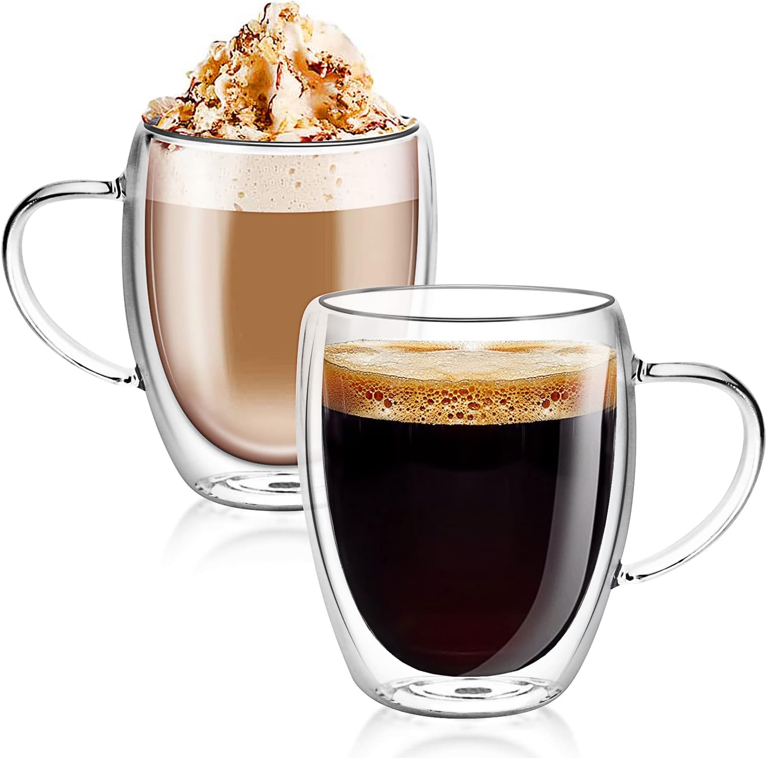 Top-spring Double Walled Glass Coffee Cups, Insulated Latte Glasses Mugs Set of 2, Mug Tea Cups with Handles, Heat Resistant, 350ml Cappuccino Espresso Cup (Clear)