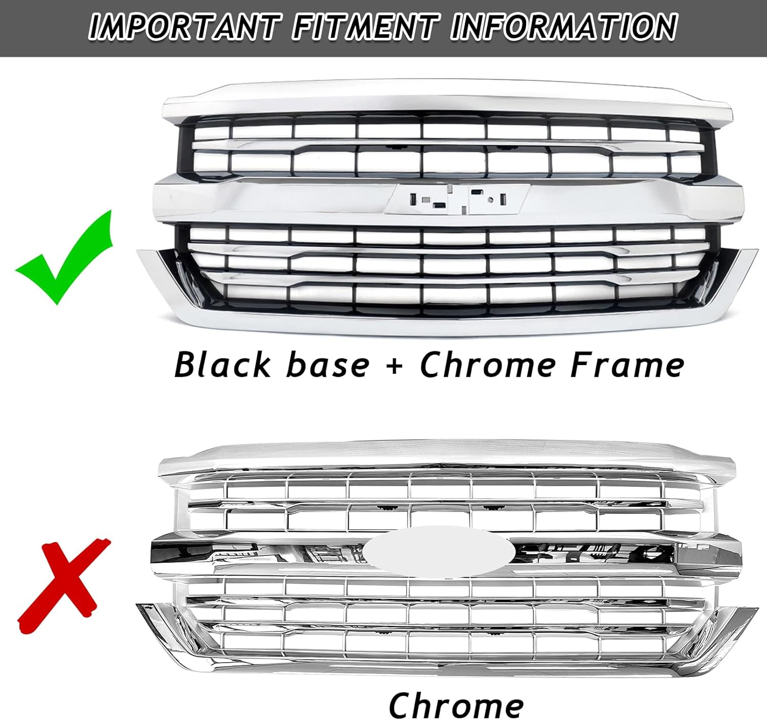 Front Bumper Upper Grille Grill Fit For 2016 2017 2018 Chevrolet Silverado 1500 Replacement for 84134045,84602489 (Black base + Chrome Frame)