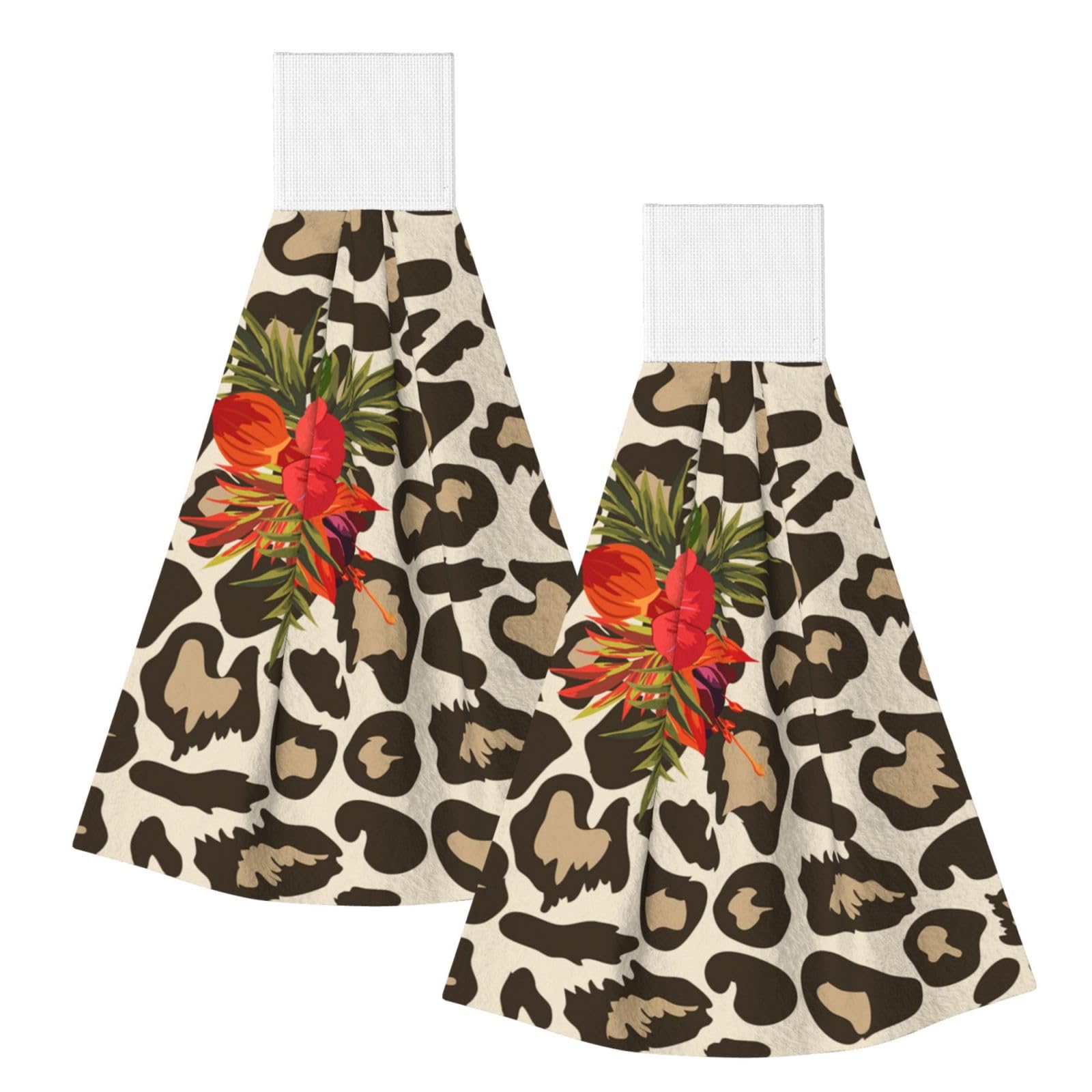 DOPKLNA Leopard Hibiscus Flower, 2 Pcs Hanging Coral Fiber Hand Towels for Bathroom, Absorbent Kitchen Towels