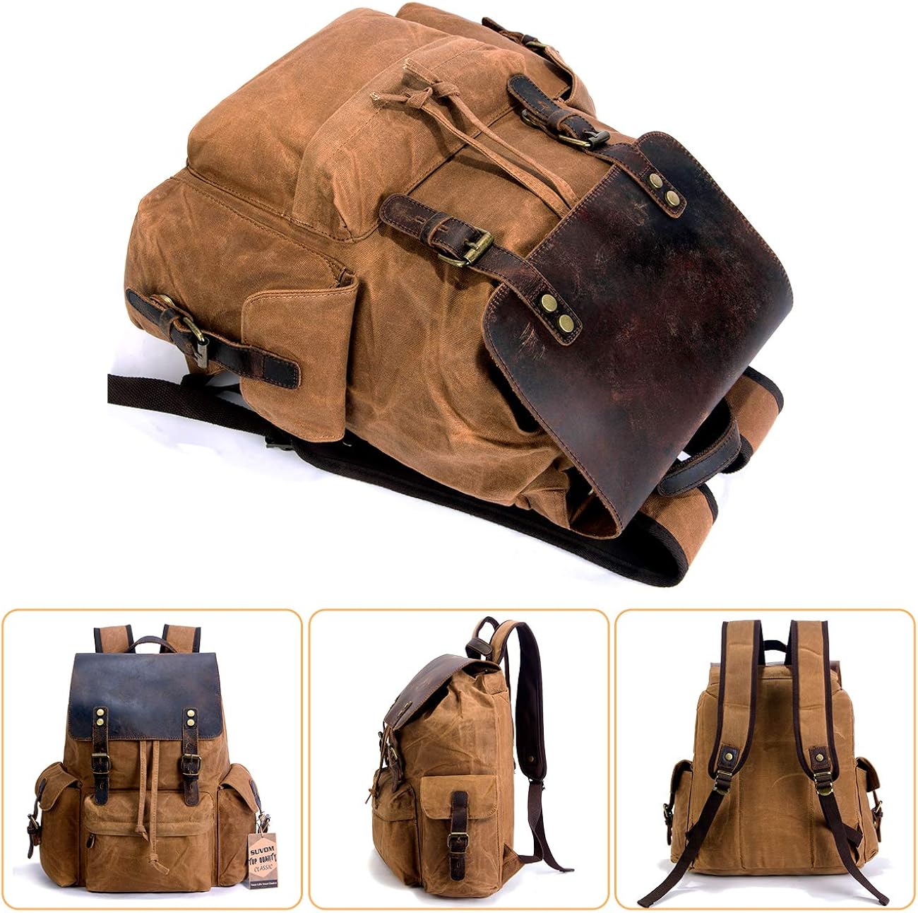 Flаѕh Dеаlѕ - 70% оƒƒ SUVOM Vintage Canvas Genuine Leather Laptop Backpack for Men School Bag 15.6 Water Resistant Travel Rucksack