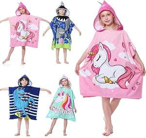 Mokani Kids Hooded Poncho Towels, Soft & Absorbent Microfiber Beach Towel, Swimming Pool Changing Robe Bathrobe Bath Towel