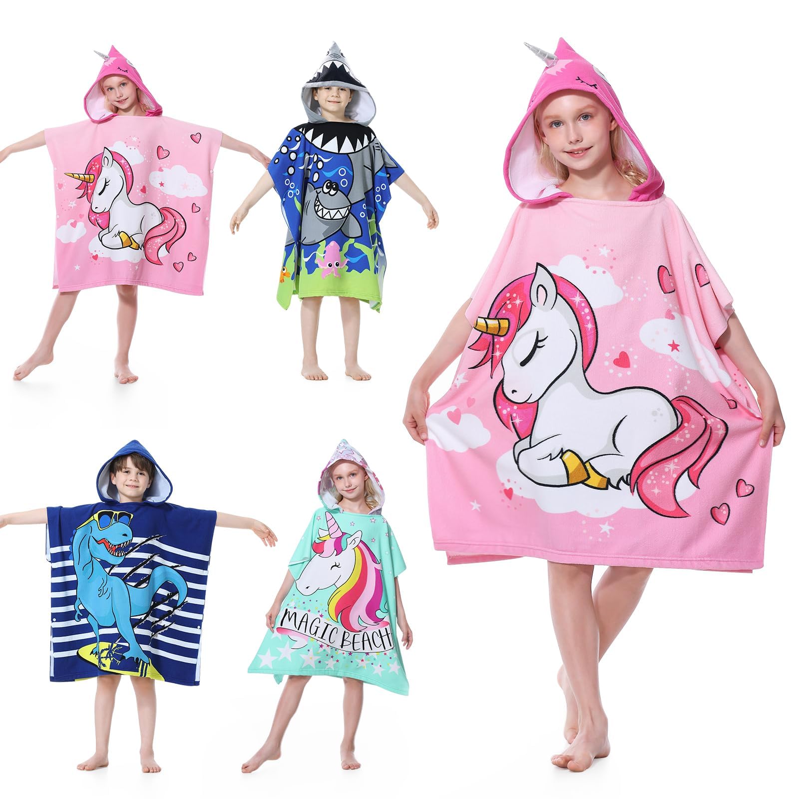 MOKANI Kids Hooded Poncho Towels, Soft & Absorbent Microfiber Beach Towel, Swimming Pool Changing Robe Bathrobe Bath Towel