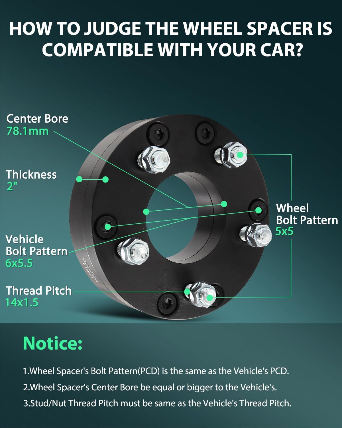 SCITOO 4Pcs Wheel Adapters 2" 6x5.5 to 5x5 Bore 78.1mm Studs 14x1.5 6 Lug Wheel Spacers Adapters Fit for for Chevrolet Tahoe for Chevrolet Avalanche for Chevrolet Blazer for Chevrolet