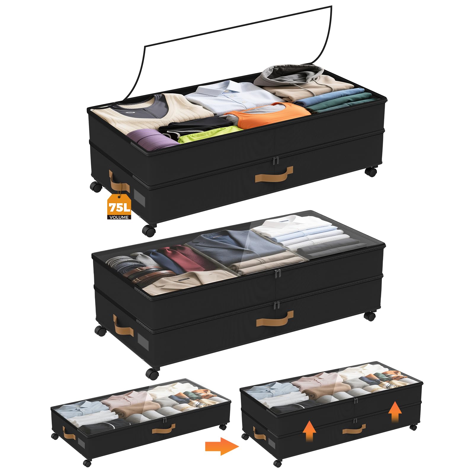 BETBEM Under Bed Storage with Wheels 2-Pack, 75L XXL Under the Bed Storage Containers Large, 12" Tall Adjustable Storage for Underbed with Lids, Rolling for Shoes, Clothes, Blankets (Black)