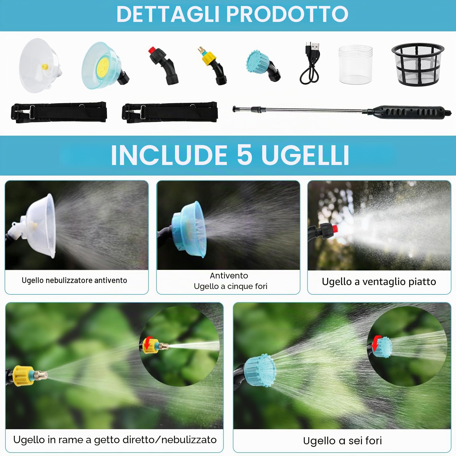 Nikou Pompa Irroratrice a Batteria 12L, Spruzzatore a Pressione Elettrico Zaino Nebulizzatore, con Lancia Telescopica, Spallacci Regolabili, 5 Ugelli, per Giardino Foresta Agricoltura