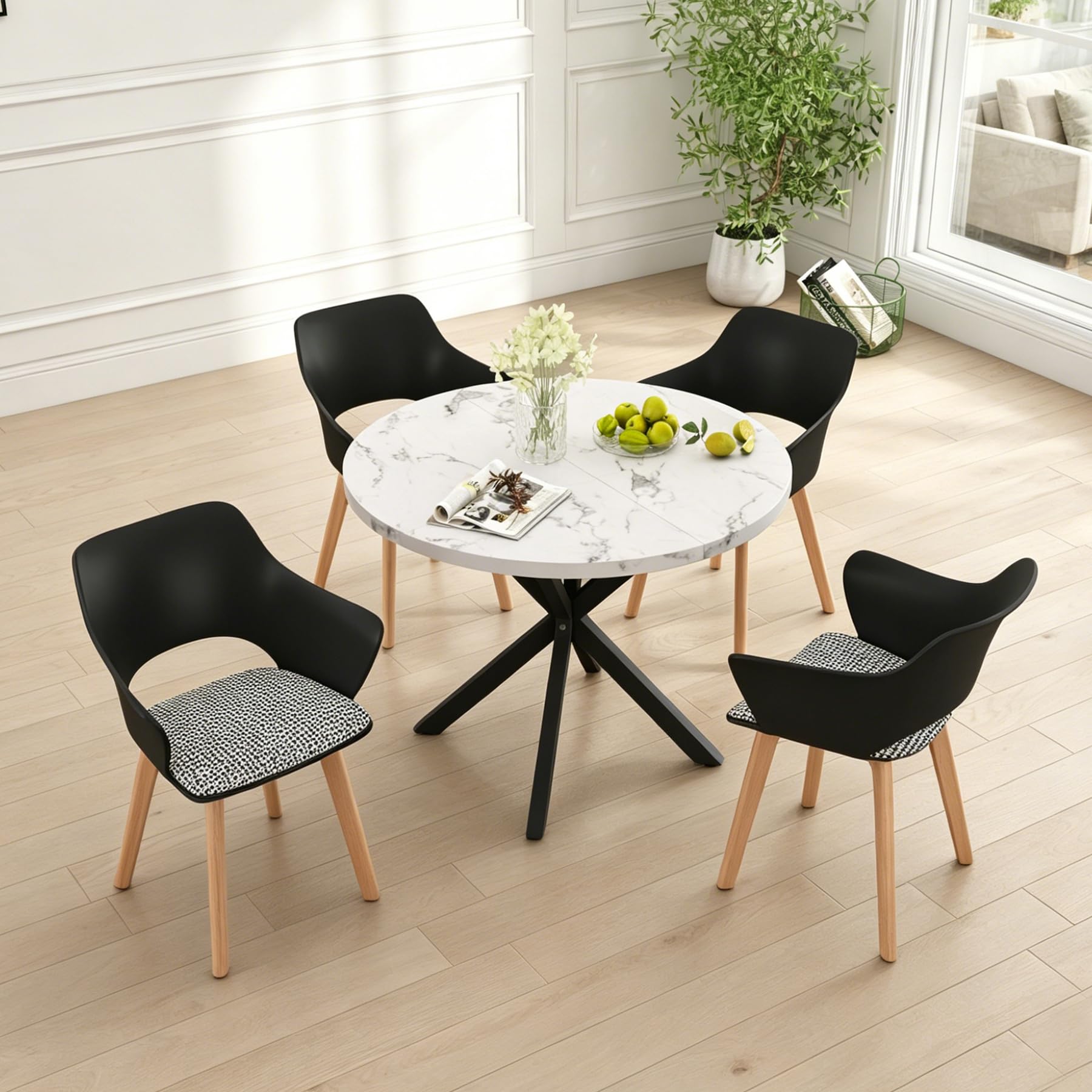 Mesa redonda de comedor en madera con 4 sillas tapizadas de alta sofisticación