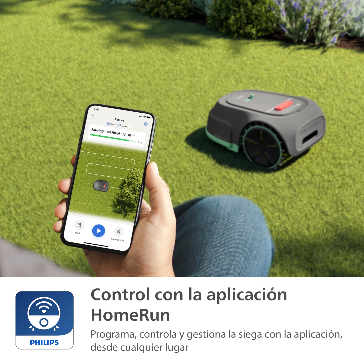 Philips Serie 3000 Robot cortacésped - Mapeo GPS, Corte Cruzado, Corte Inteligente, Corte más rápido, Rendimiento en Pendientes, App Homerun, Sensor de Lluvia, Gris Piedra caliza (RSL3000/10)