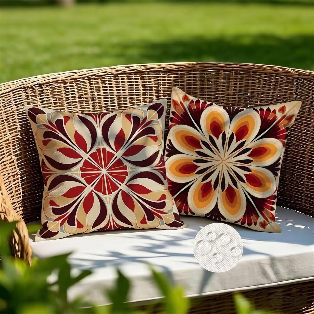Outdoor Cushions Waterproof Orange Cushion Covers 55cm x 55cm Set of 2 Boho Garden Cushions Flowers Cushion Cover Decorative Pillows Linen Throw Pillow Case for Couch Sofa Garden Furniture (IU243)
