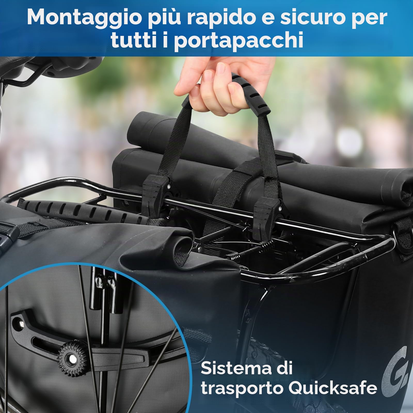 GUOOTU Set di 2 borse da bicicletta per portapacchi da 48 l, in Tarpaulin posteriore, con riflettori, con maniglia e tracolla (nero, 24 l, set da 2)