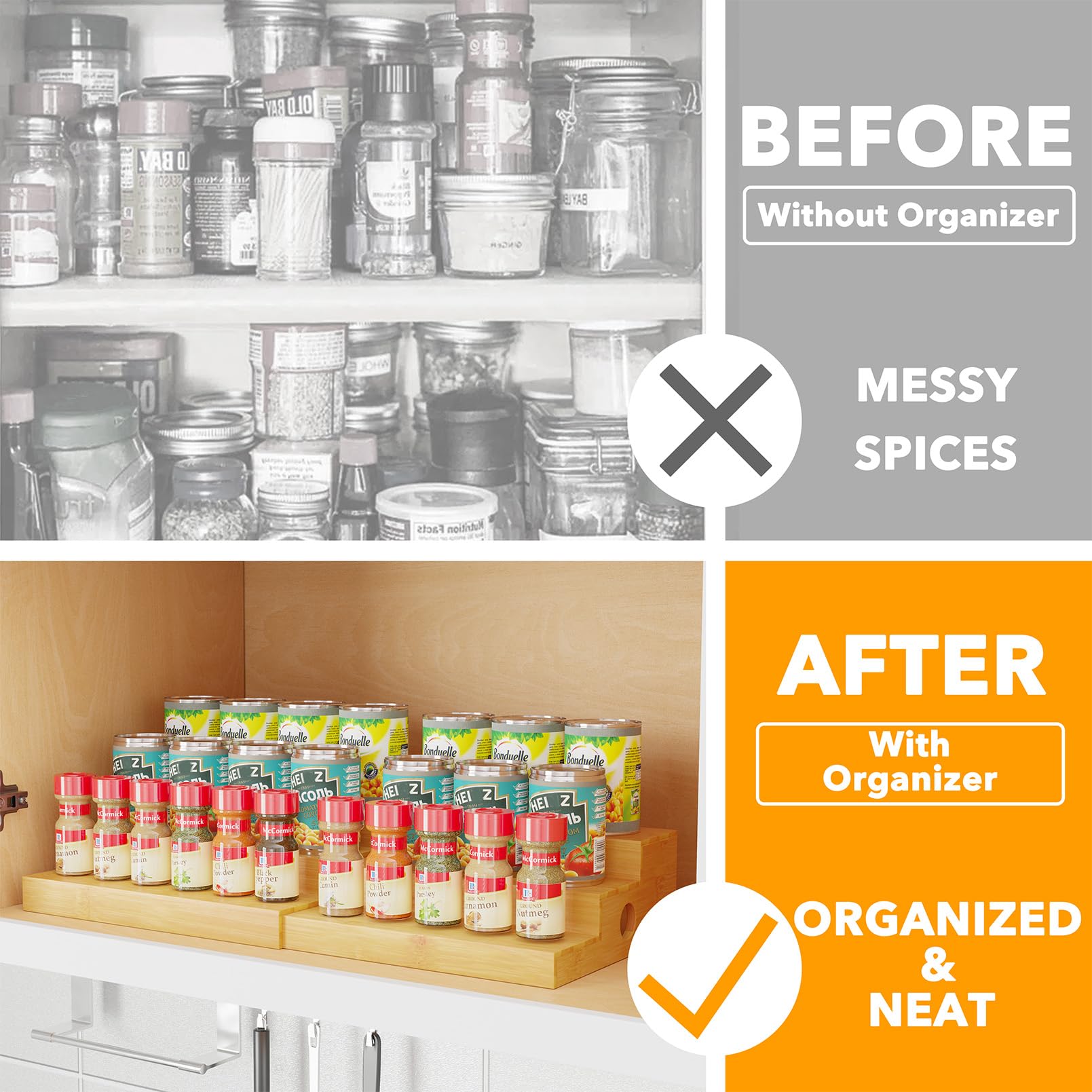 SpaceAid Organizador de especias para armario de cocina, despensa y encimera, estante de exhibición expandible de bambú para condimentos y latas (3 niveles, natural)