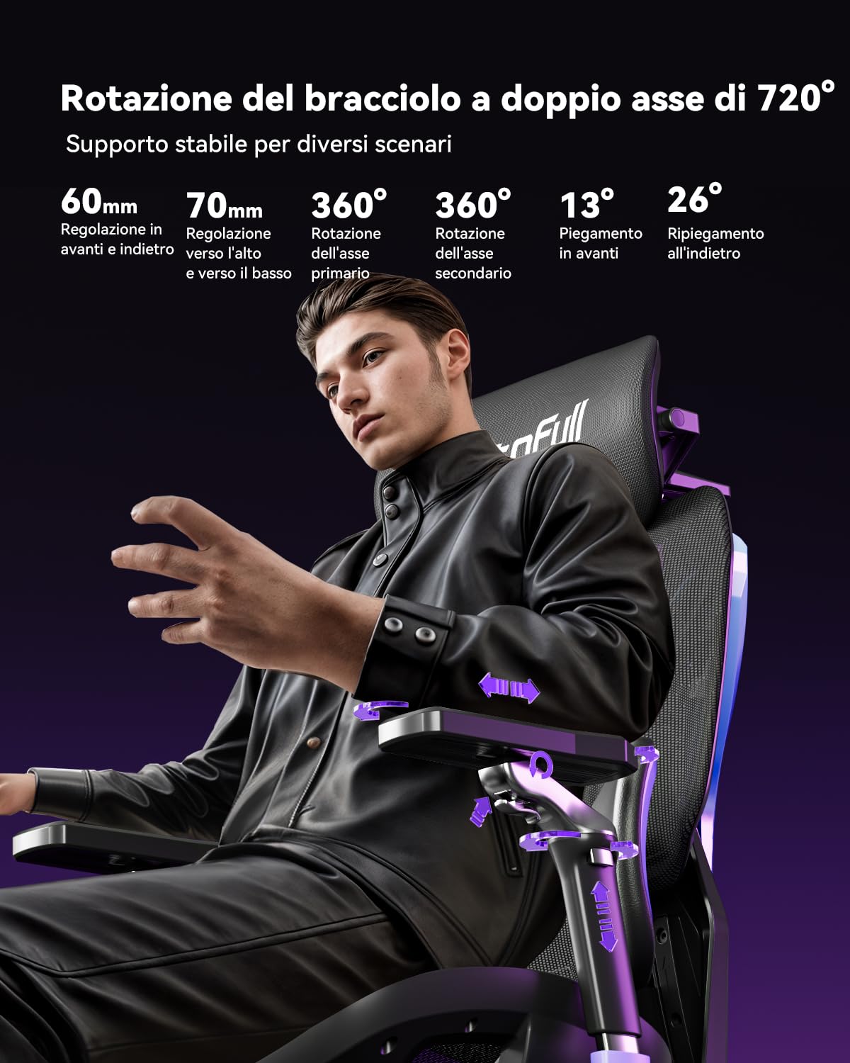 AutoFull G7 Sedia Ergonomica da Ufficio, Sedia da Gaming con Supporto Lombare Dinamico, Braccioli Girevoli a Doppio Asse 720°, Schienale Reclinabile a 140° e Cuscino Cervicale 4D (Laser) | Adatto per ufficio e gioco, supporto lombare a 3 zone, modalità Ze