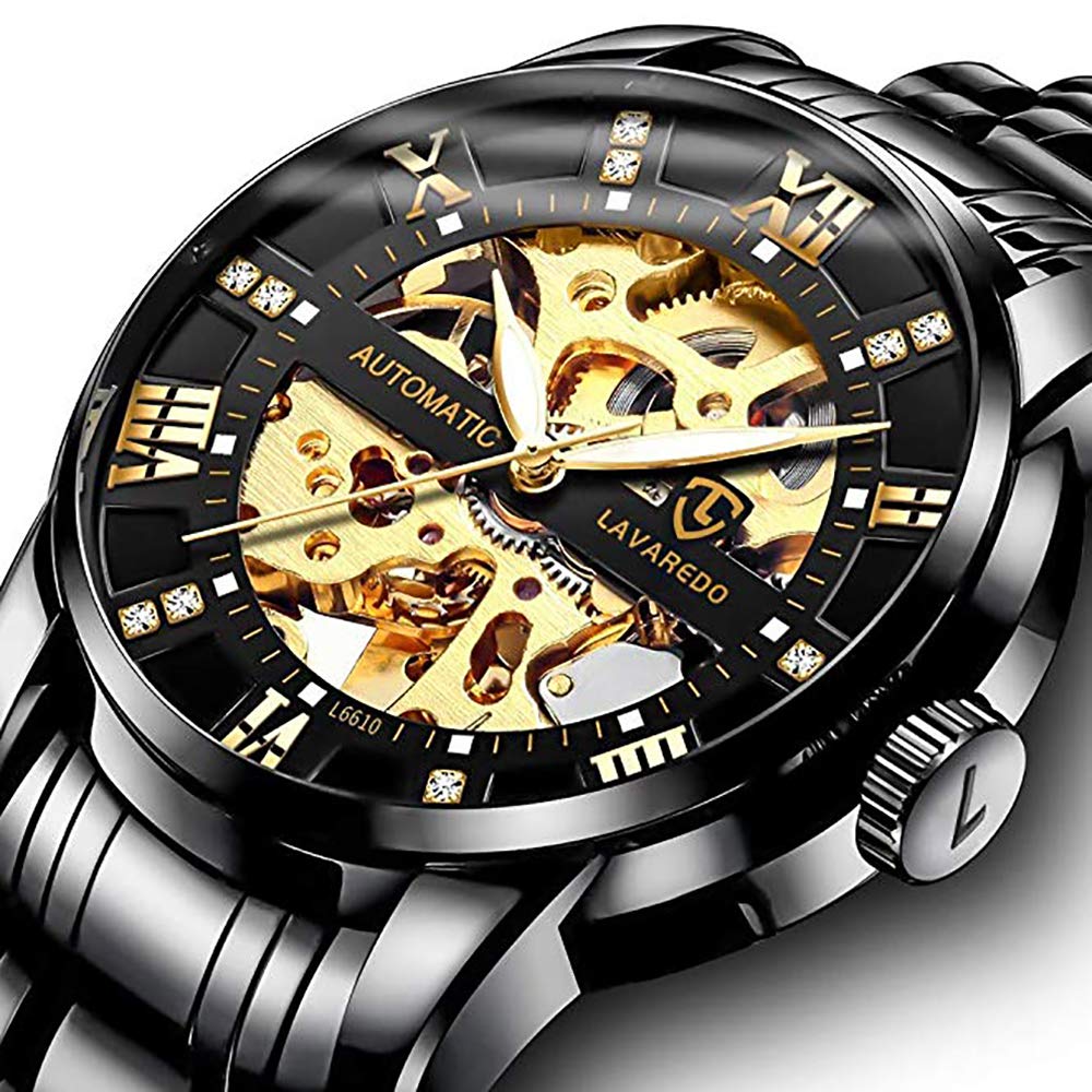 Men’s Watch Black Luxury Mechanical Stainless Steel Skeleton Waterproof Automatic Self-Winding Roman Numerals Diamond Dial Wrist Watch