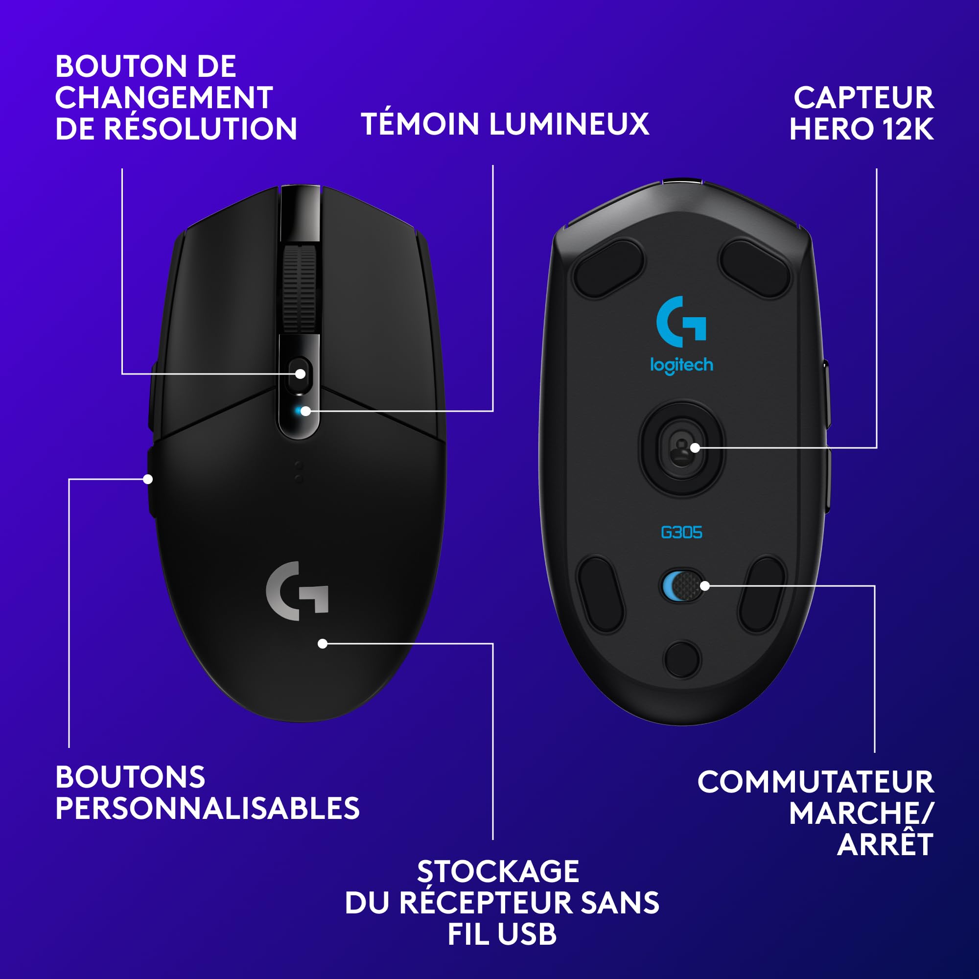 Logitech G G305 Souris Gamer sans Fil, Capteur Gaming HERO, 12 000 PPP, Ultra-Léger, 6 Boutons Programmables, Batterie Longue Durée, Mémoire Intégrée, Compatible avec PC/Mac - Noire