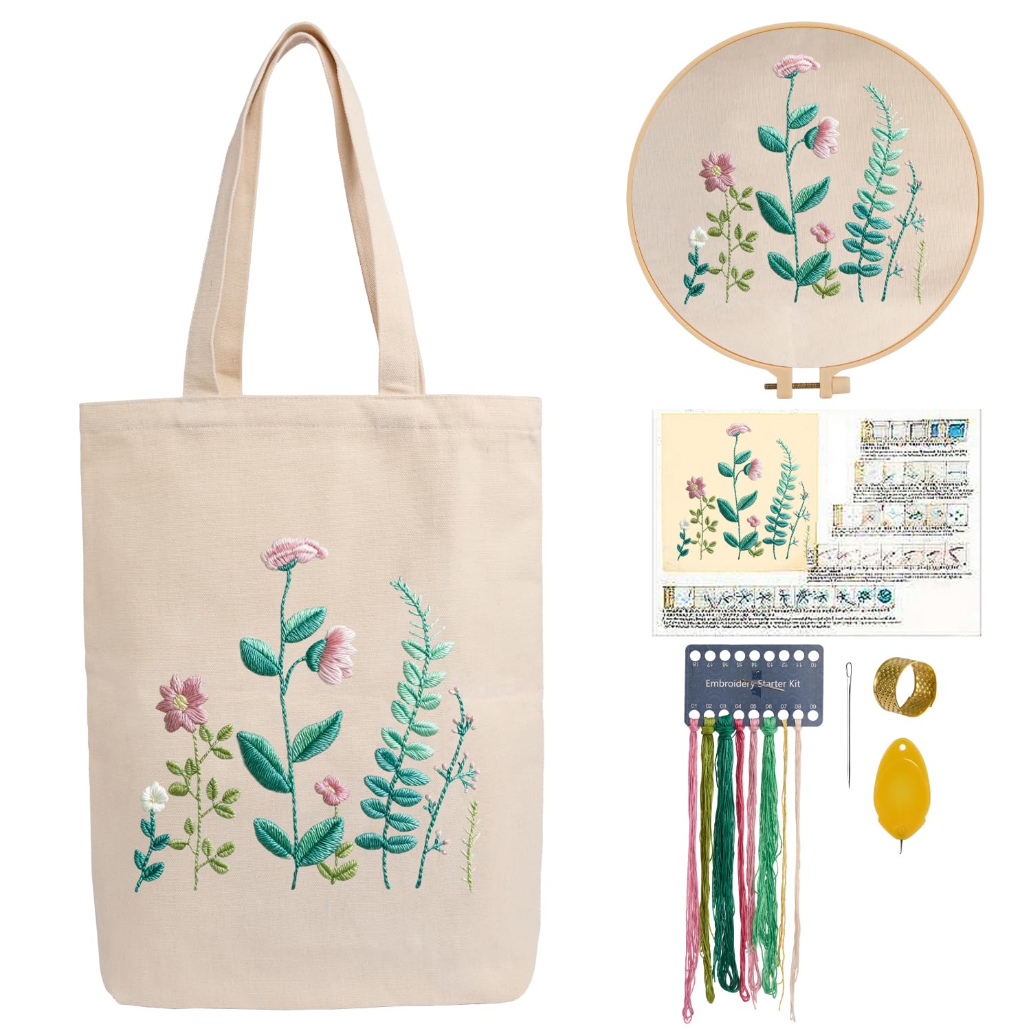 CREAWONDER Hand Embroidery Kits for Bag, Embroidery Kit Bag with Pattern for Beginners, Arts and DIY Embroidery Crafts Kits for Adults, Include Instructions, Embroidery Hoops, Color Threads and Tool