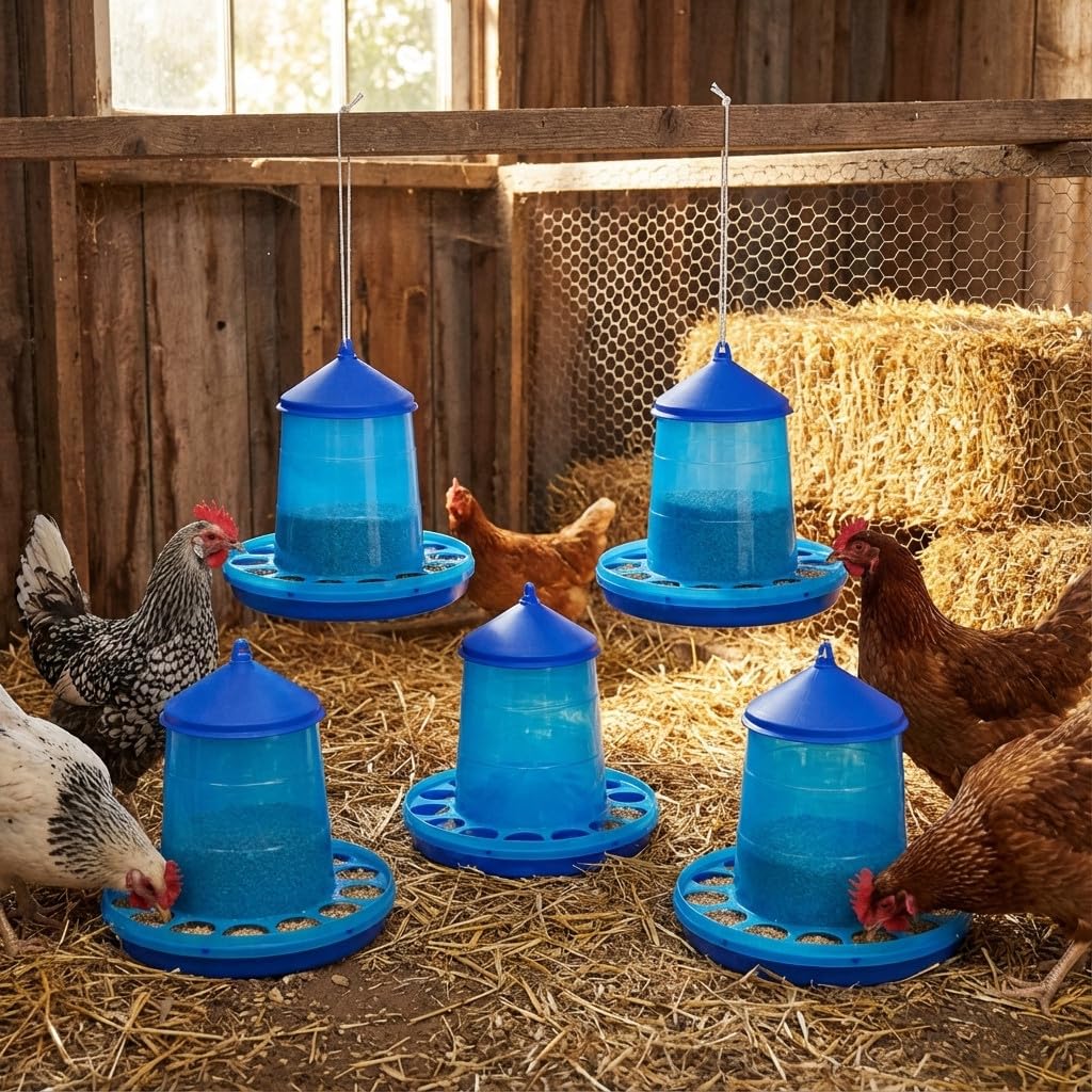 Suinga Zestaw 5 Karmników dla Ptaków i Kur 2 kg | Wytrzymały Plastik | 25x25x34 cm | Niebieski | Karmnik Anty-Marnotrawstwo, Łatwy do Powieszenia