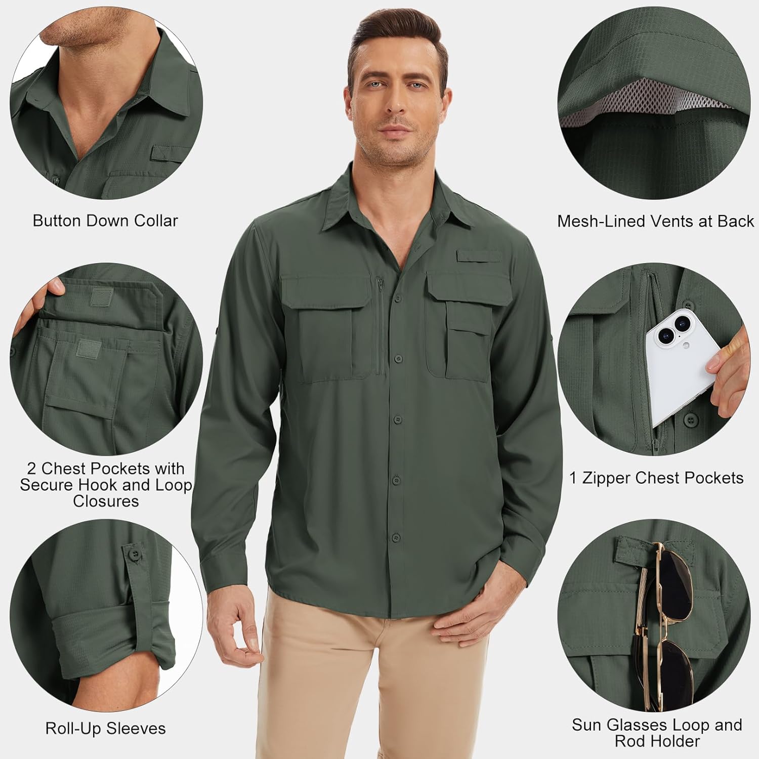 Men's Safari Shirt Long Sleeve Fishing UPF 50 Sun Protection Quick Dry Breathable Shirts for Travel Hiking Camping Work