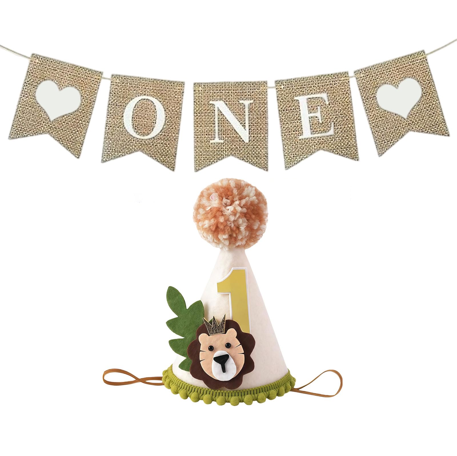 CharmeFleur 1st Birthday Decorations For Boys - Wild One Party Hat & Burlap Banner Set, Jungle Safari Lion Theme First Birthday Supplies, Cake Smash Photo Accessories For