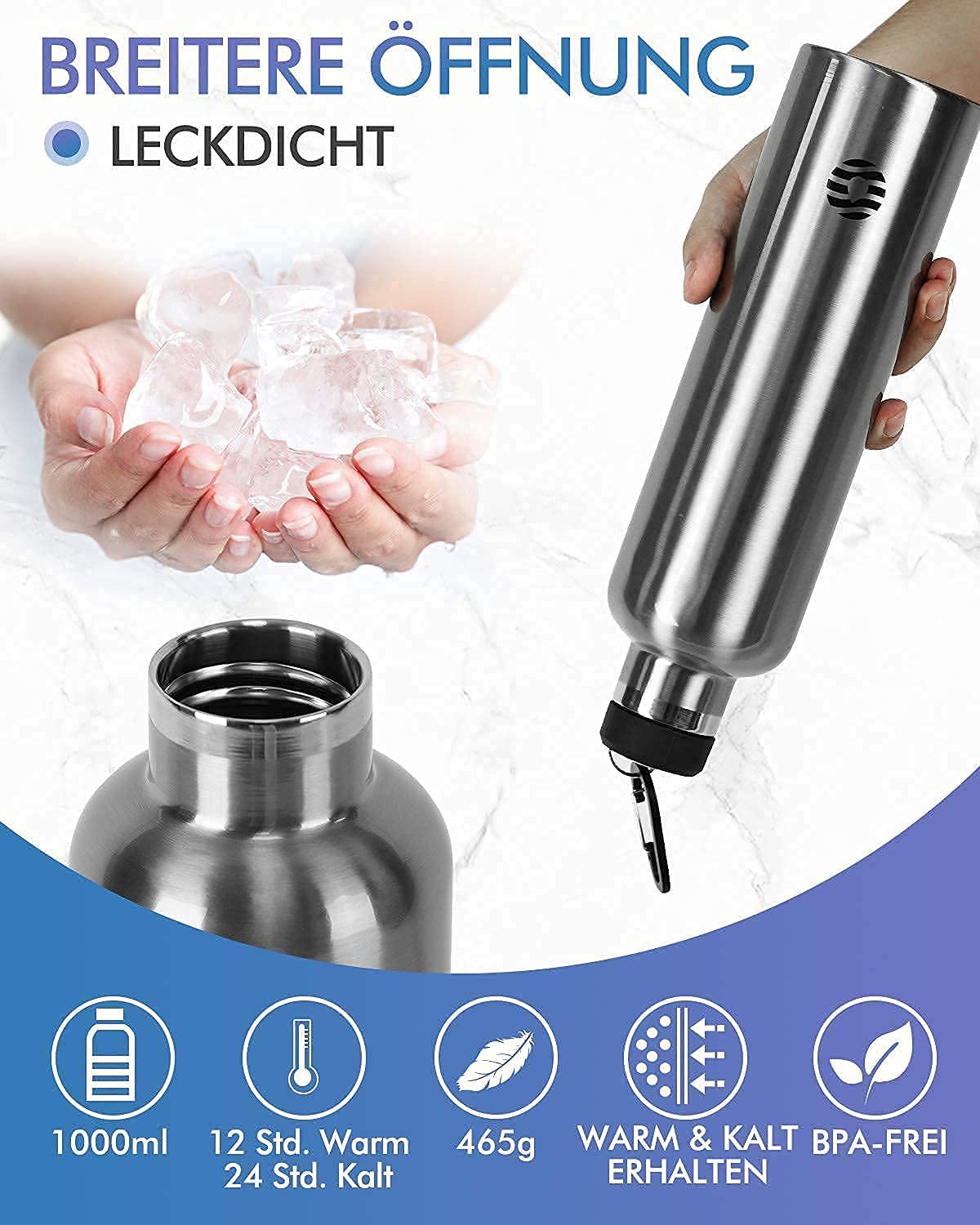 FEIJIAN Borraccia Termica in Acciaio Inox 750ml/1L + Zaino, Facile da pulire, Bottiglia Termica Senza Perdite - Senza BPA Borracce, per Scuola, Sport, Campeggio, Yoga, Palestra