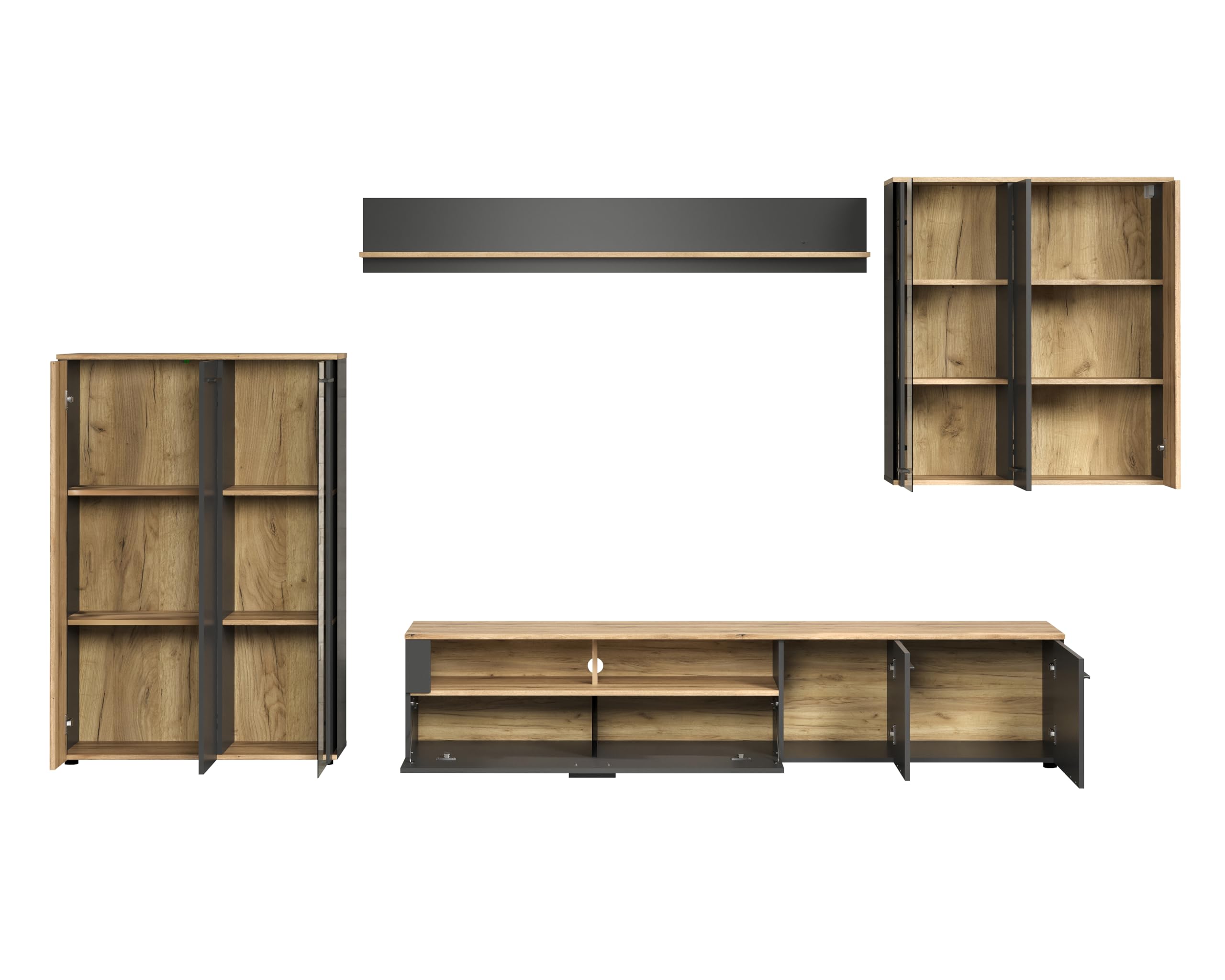 trendteam smart living - Anbauwand Wohnwand - Wohnzimmer - Esteban - Aufbaumaß (BxHxT) 300 x 200 x 41 cm - Farbe Anthrazit mit Coast Evoke Eiche - Rillenoptik - 231296184
