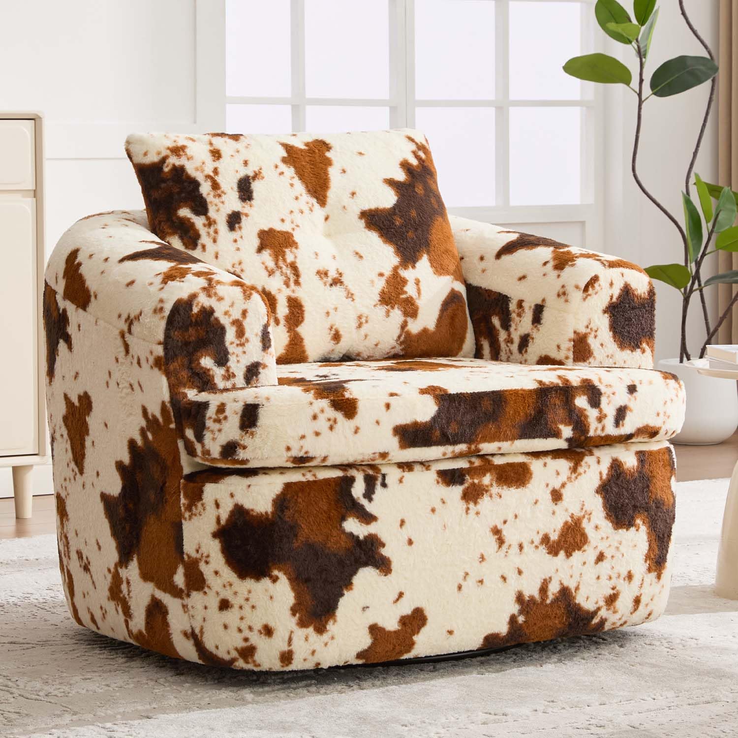 36.6" Swivel Cloud Sofa Chair, Chenille Fabric, Ergonomic 360° Accent Barrel Chairs with Dual-Layer Cushion, Comfy Single Armchair for Nursery, Living Room, Bedroom &amp; Offices (Beige+Brown+Faux Fur)