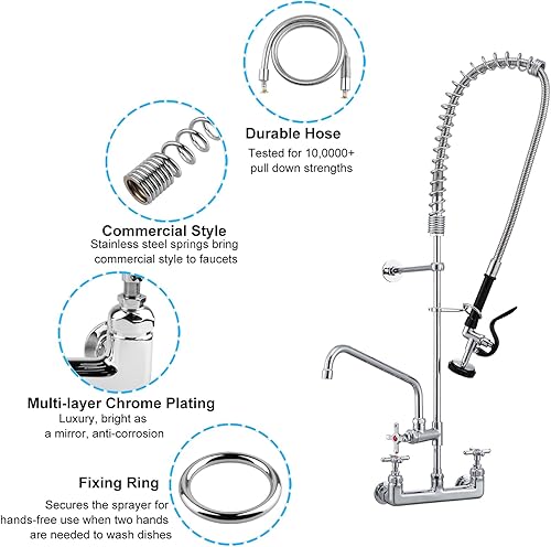 Miniatura 3 de Grifo comercial de 47 pulgadas con rociador para fregadero medianogrande, grifo de fregadero de cocina cromado de latón con centro de 8 pulgadas con