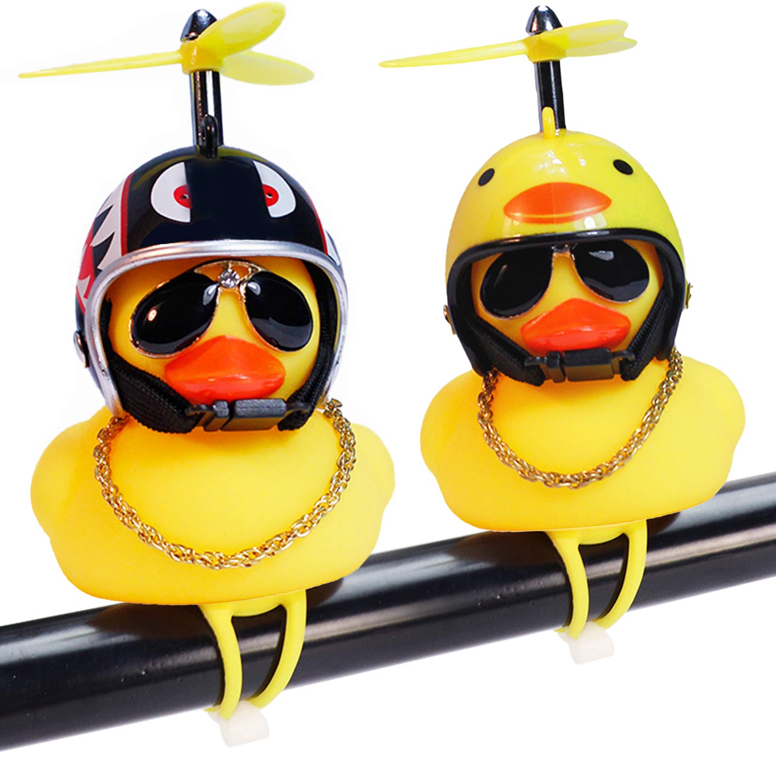 wonuu Rubber Duck Car Ornaments, 2Pcs Yellow Duck Car Dashboard Decorations Squeeze Duck Bicycle Horns with Propeller Helmet