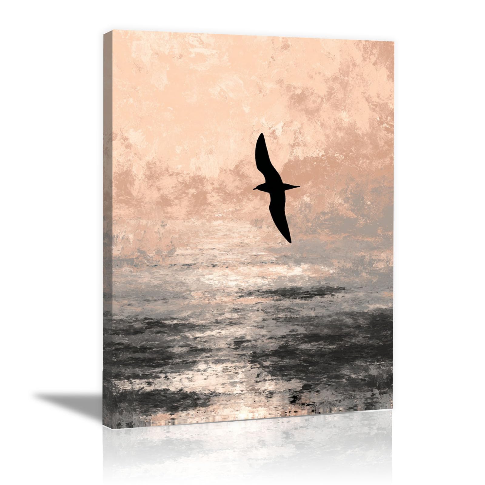 TERUEA Animal Wall Art Canvas Painting Seagull Silhouette Peach Tone Ocean Sunset Abstract Cute Animals Poster Artwork for Toilet Bathroom(Pink)-30x45cm Framed
