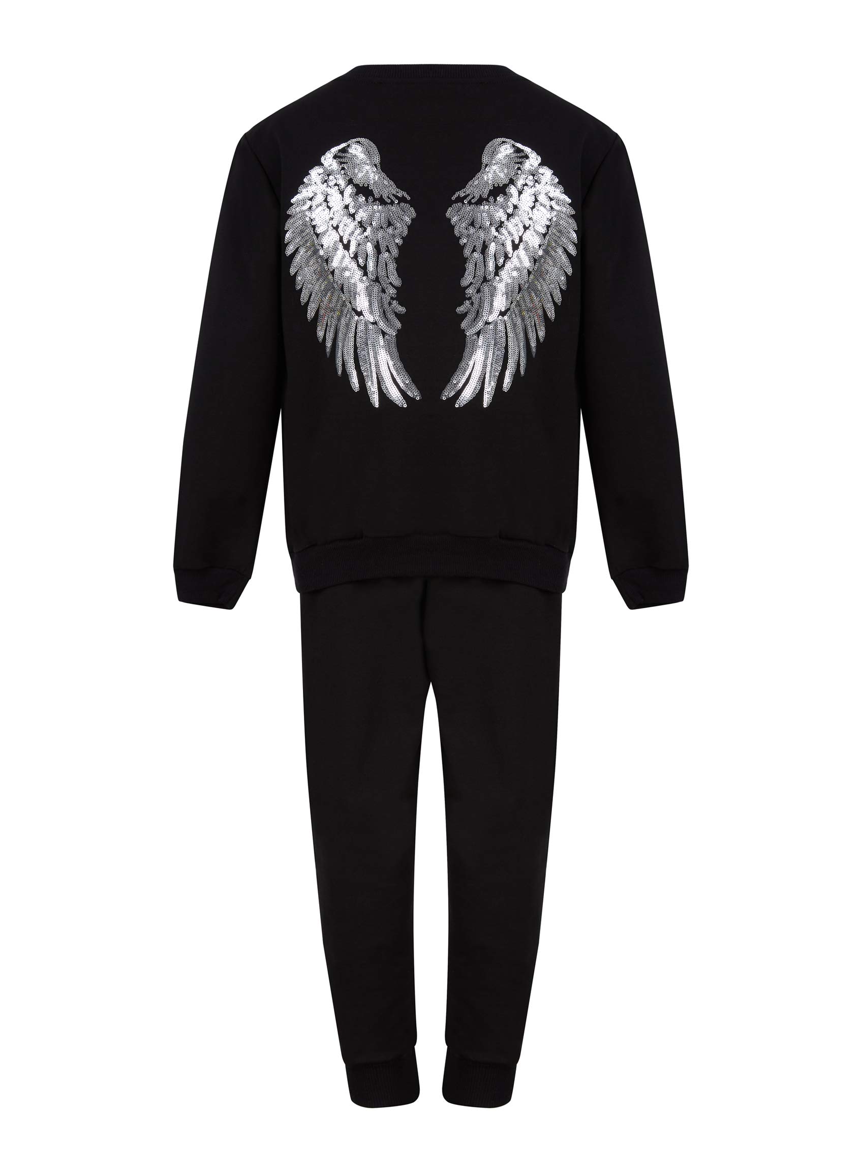 AelstoresGirls Tracksuit Angel Wings Sequins Shiny Sweatshirt Top Pants Outfit Black Grey Peach 3-12 Years