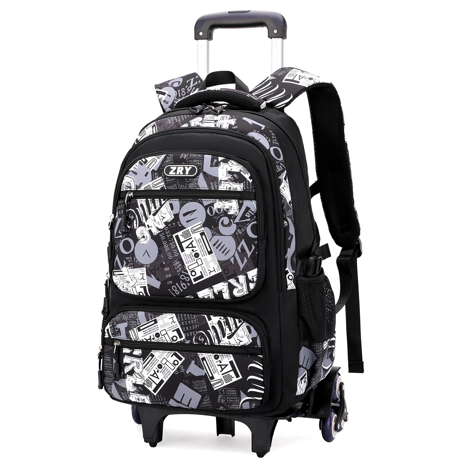 Amythe Zaino Trolley Scuola Media e Superiore, 40L Zaino con 6 Ruote per Ragazzo Adolescenti 10-24 anni, Zainetto Casual con Rotelle per Viaggi, Staccabile e Impermeabile -Nero